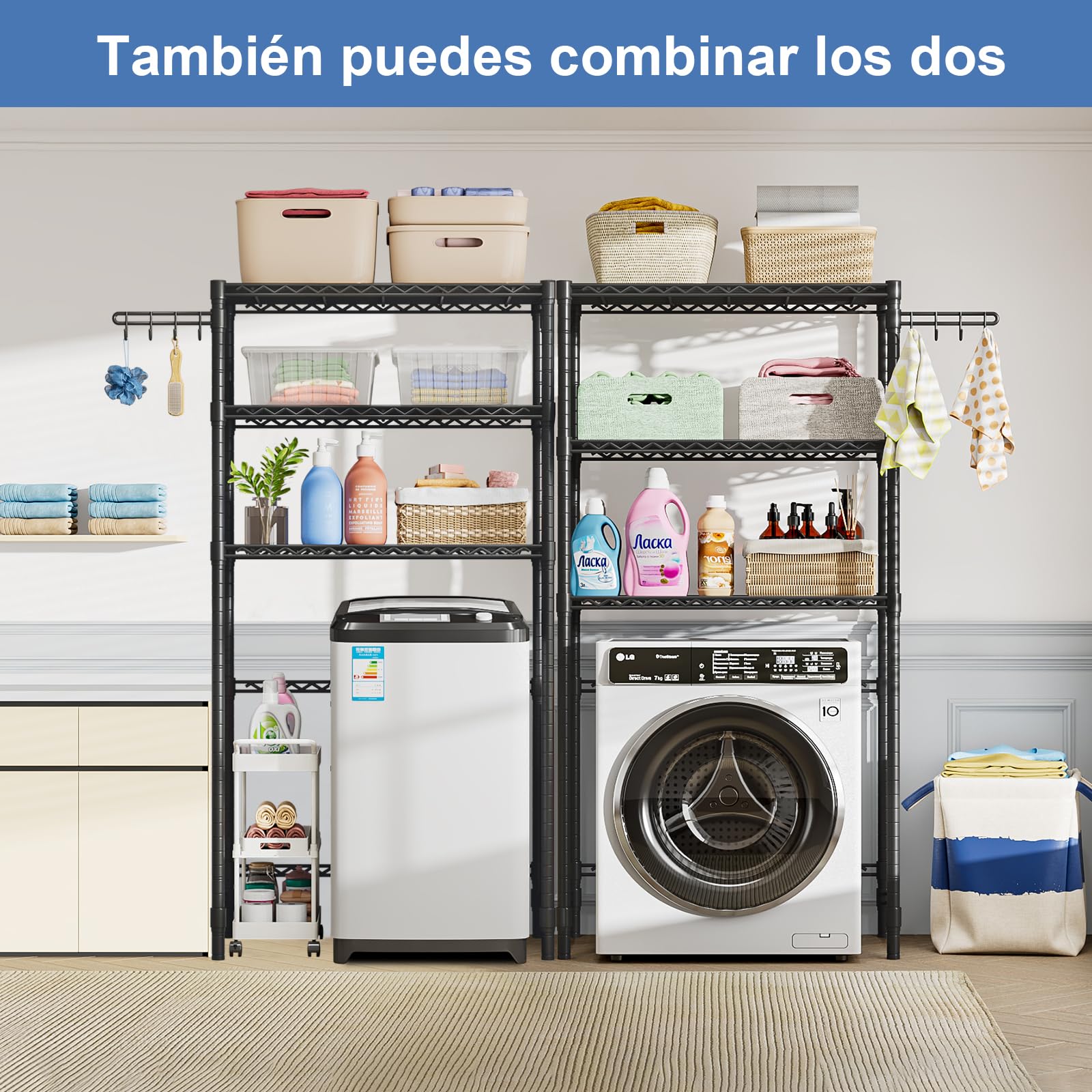 Estantería Regulable para Lavadora con 3 Estantes | Organizador de Baño que Ahorra Espacio, Negro, 89 × 34 × 193 cm