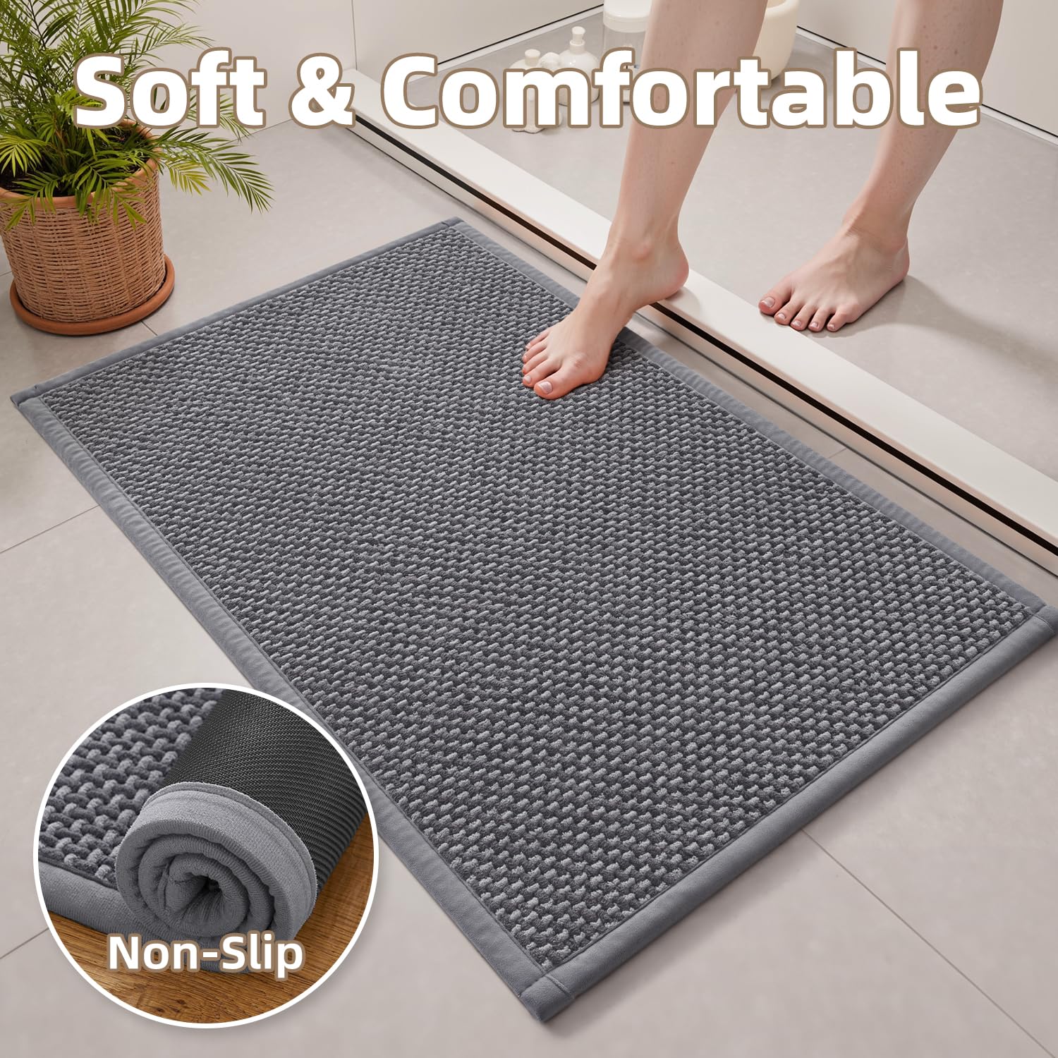 PADOOR - Tapete de baño de felpilla superabsorbente, con parte trasera de goma, antideslizante, lavable a máquina, parte delantera de la bañera, ducha, lavabo, 61 x 91 cm, gris y gris oscuro