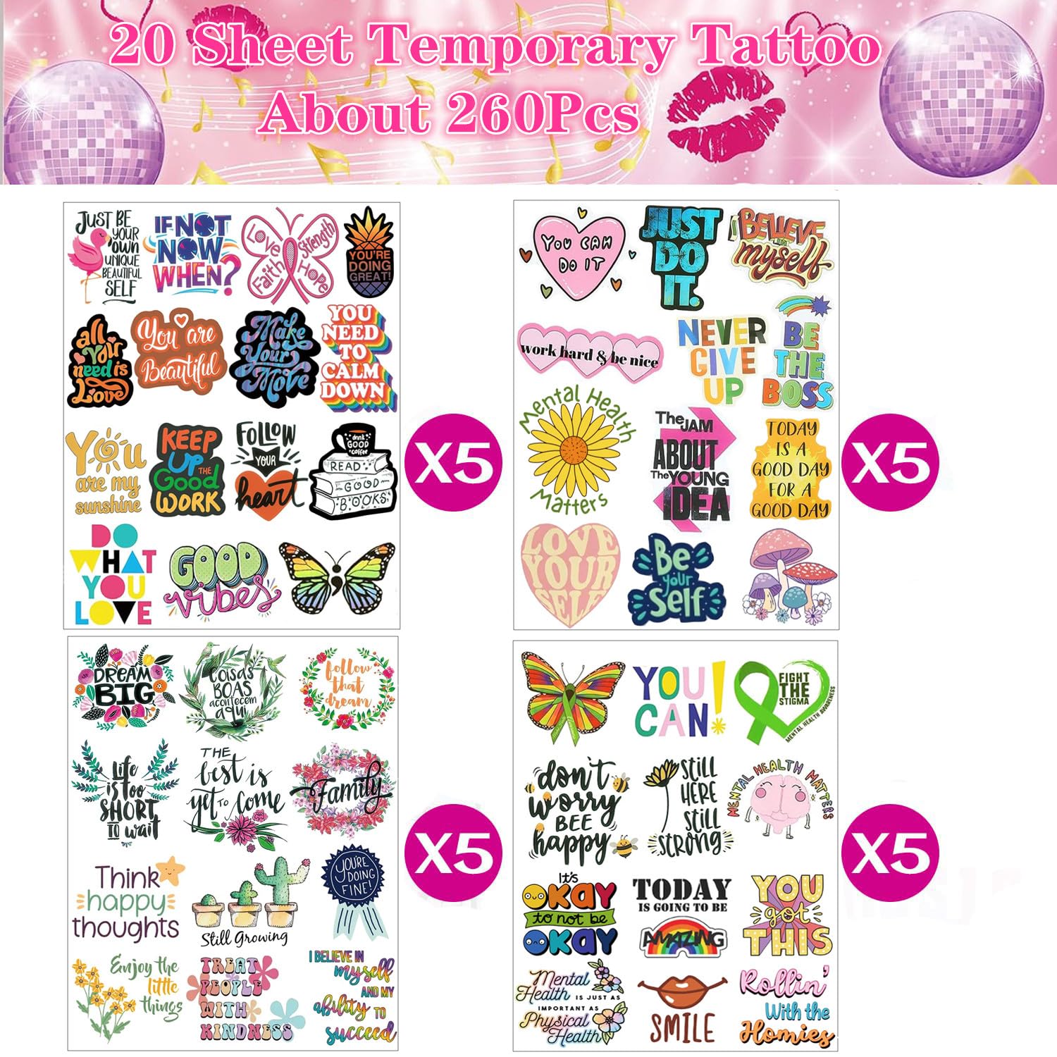 20 Sheets Inspirational Quote Temporary Tattoos 260Pcs Motivational Word Tattoos Stickers for Mental Health Awareness Incentives Positive Encouragement Party Decoration Supplies Prizes Rewards - Image 3