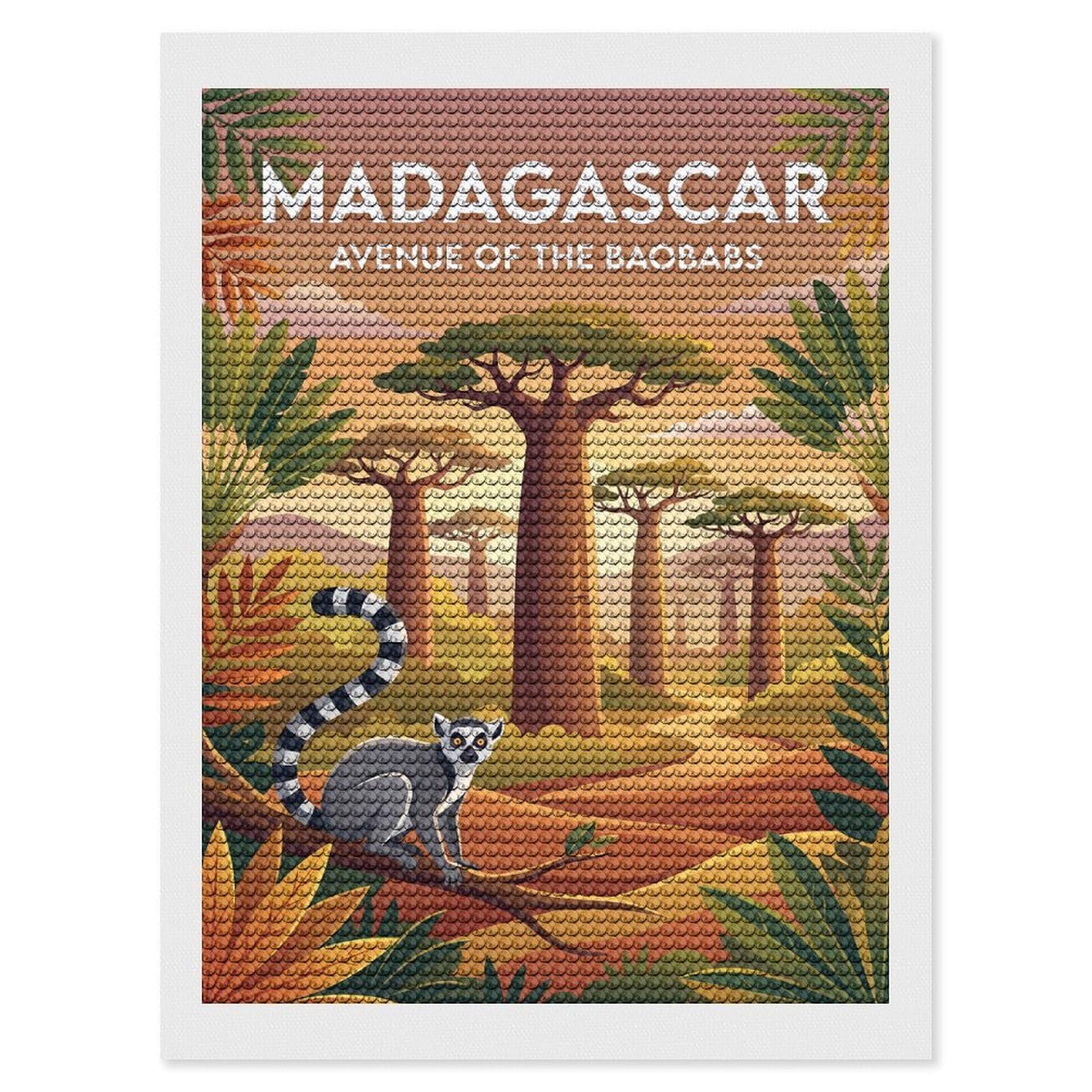 Junmoney Madagascar Avenue of The Baobabs Lemur Diamond Art Canvas 12"x16", Full Kit Included, Bedroom Decor, for Beginners, Thoughtful Handmade Gift
