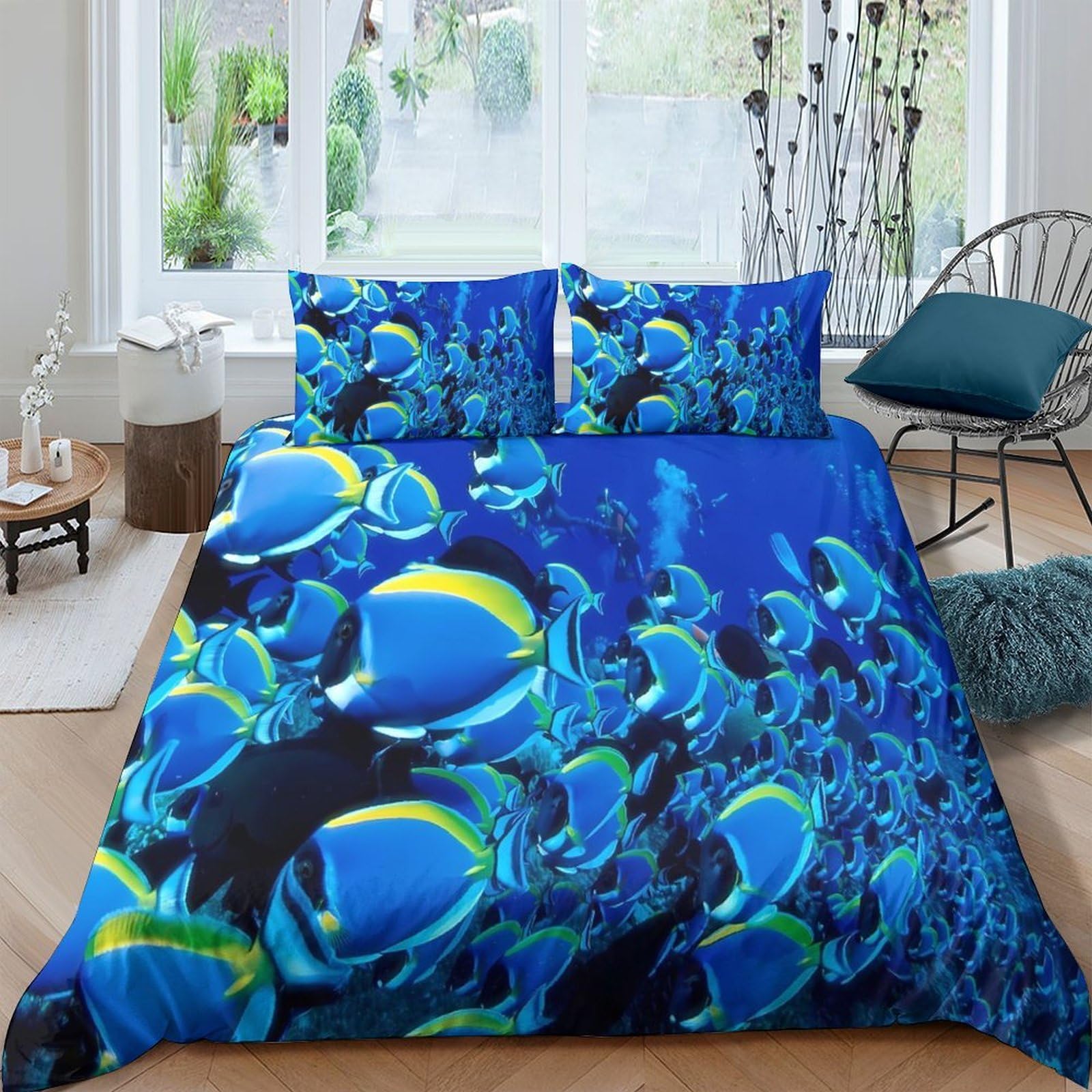 Ctjqhvkz Style-1 3D Printed Tropical Fish Fitted Sheet Microfiber Soft Blue Ocean Coral Mattress Cover For Bedroom Guest Room Decor Single（135X200cm）