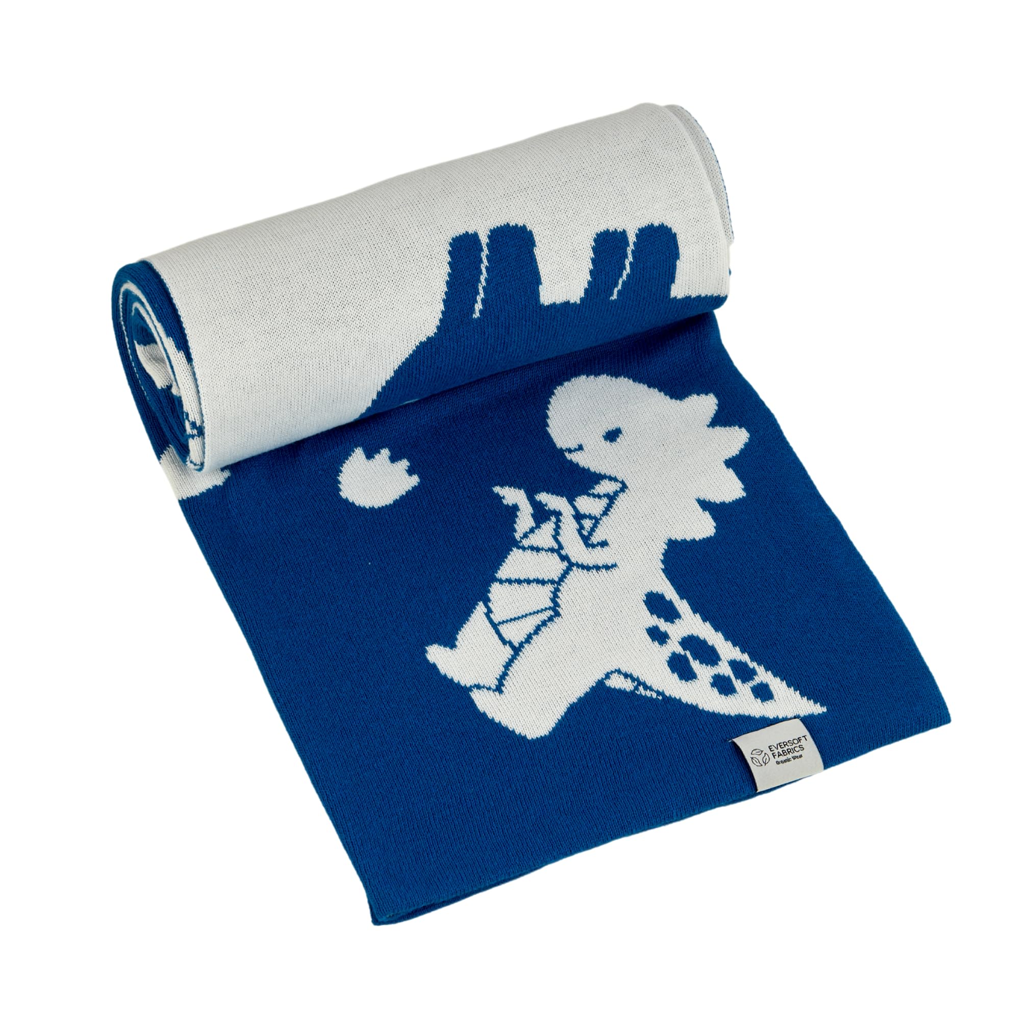 EVERSOFT FABRICS Premium Babydecke 350g - 100% Bio-Baumwolle, OEKO-TEX 100 Zertifiziert, Leicht & Weich, Ideal für Empfindliche Haut, Perfekt für Neugeborene & Kleinkinder (Dinosaurier Blau & Weiß)