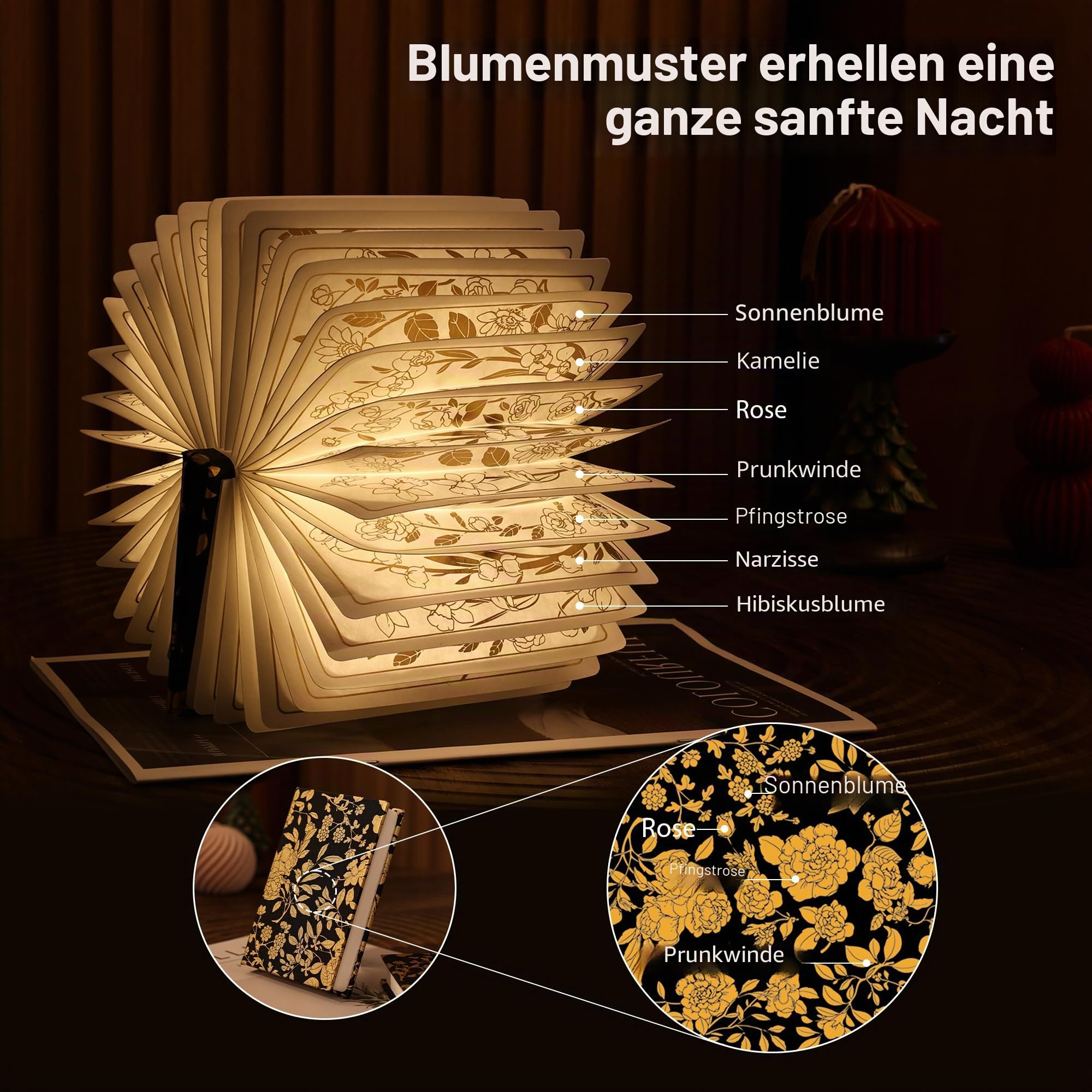 Buchleuchte mit Blumendruck, 3-farbige Buchlampe, Buchliebhaber, Geschenke, 1200 mAh, tragbare, faltbare Papier-Schreibtischlampe, Nachtleselampe, Geschenke für Frauen, Geburtstag