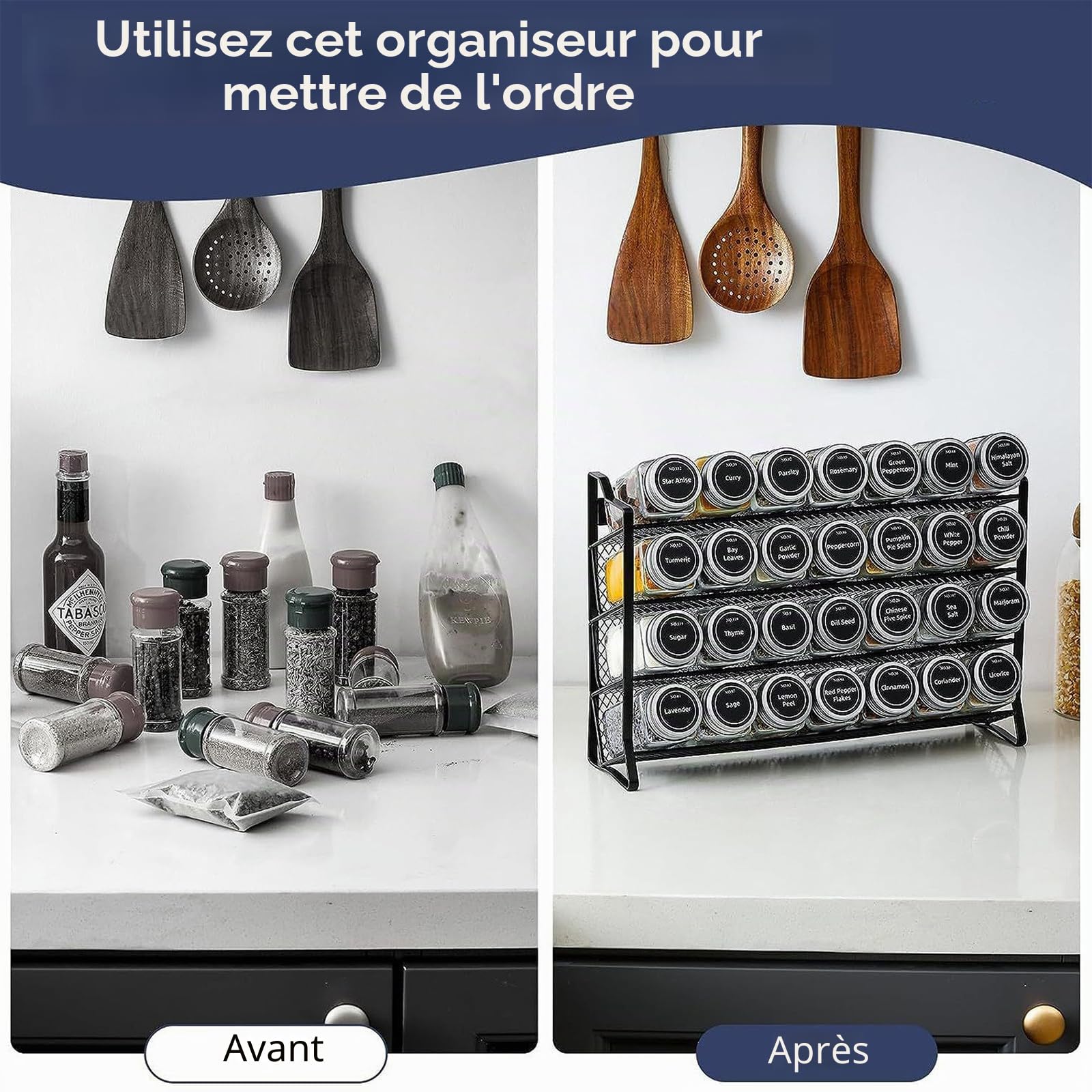 Generisch JAR ROCK-4 Étagère à épices debout et murale avec 28 pots à épices et 180 étiquettes à épices Organiseur pour cuisine, plan de travail, armoire, garde-manger