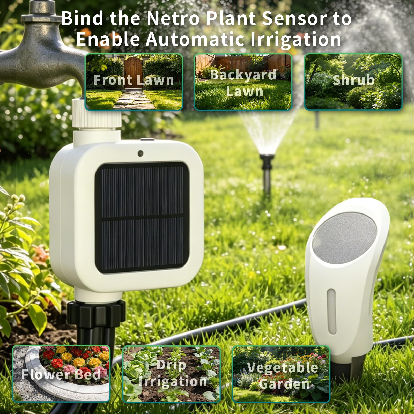 Netro Pixie - Timer intelligente per tubo per irrigazione, collegato a WiFi, alimentato a energia solare, con sensore meteo