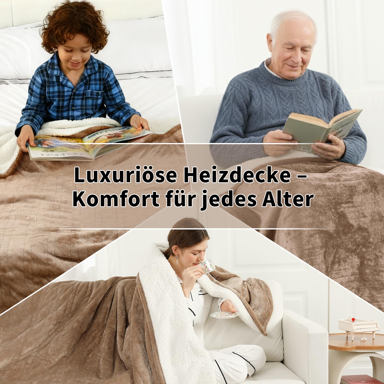 ESTINGO Wärmedecke 180x130cm, Heizdecke mit Abschaltautomatik, 6 Heizstufen, 10-Stunden-Timer, Überhitzungsschutz, Weich Flanell&Sherpa, Maschinenwaschbar, Beheizbare Decke für Sofa, Bett, Büro, Beige