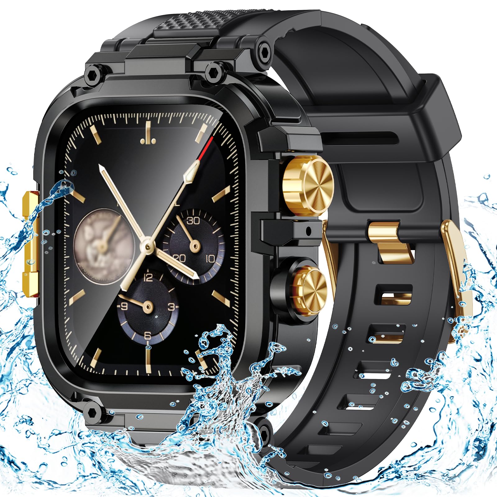 Goton IP68 Waterproof Rugged Band for Apple Watch 46mm/45mm/44mm with Case build-in Screen Protector – Heavy Duty Sport Strap Compatible with iWatch