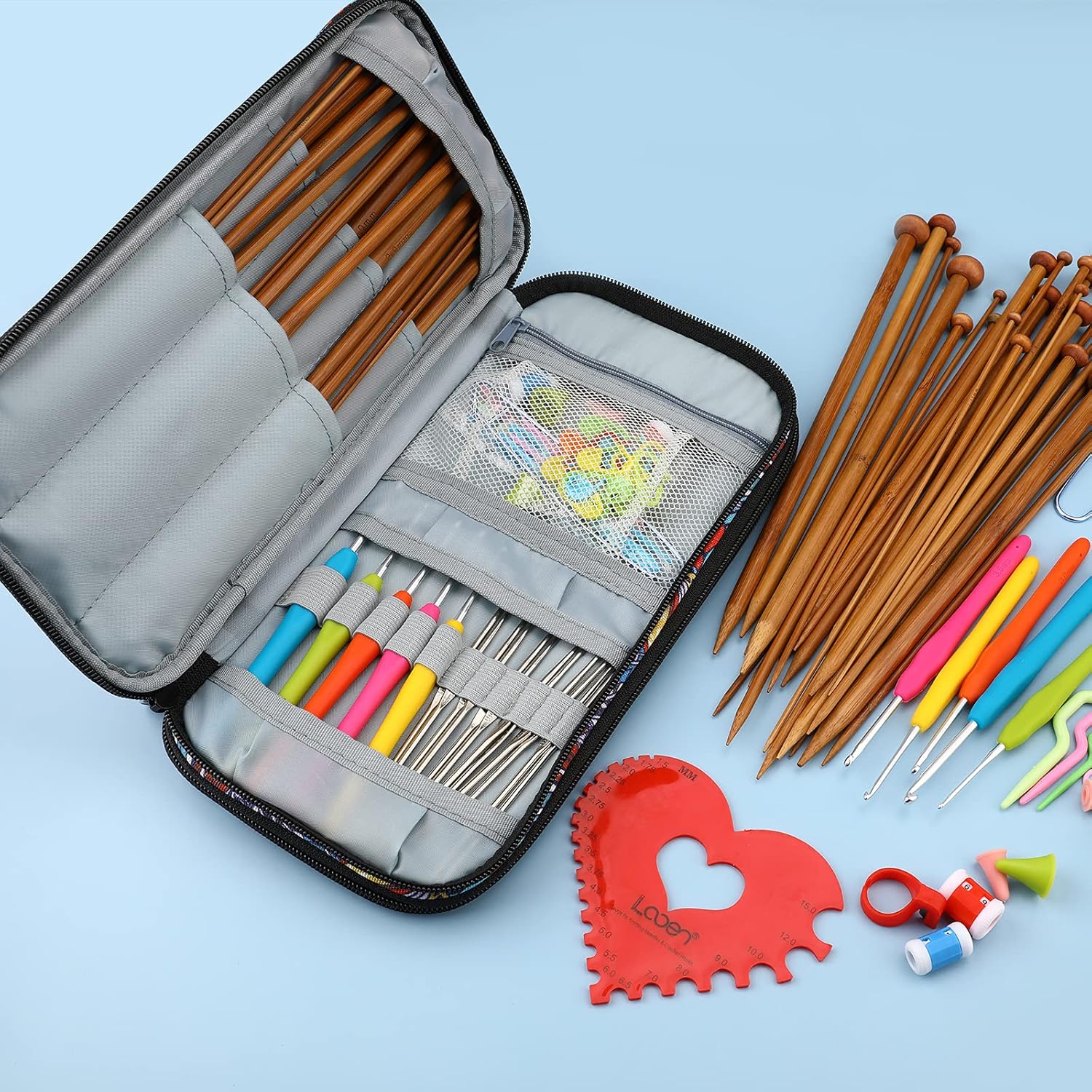 LOOEN Knitting Kit Bamboo Knitting Needles Kit 36 Pcs Single Pointed Bamboo Knitting Needles 2.0mm-10.0mm Knitting Kits with Case (Flower)