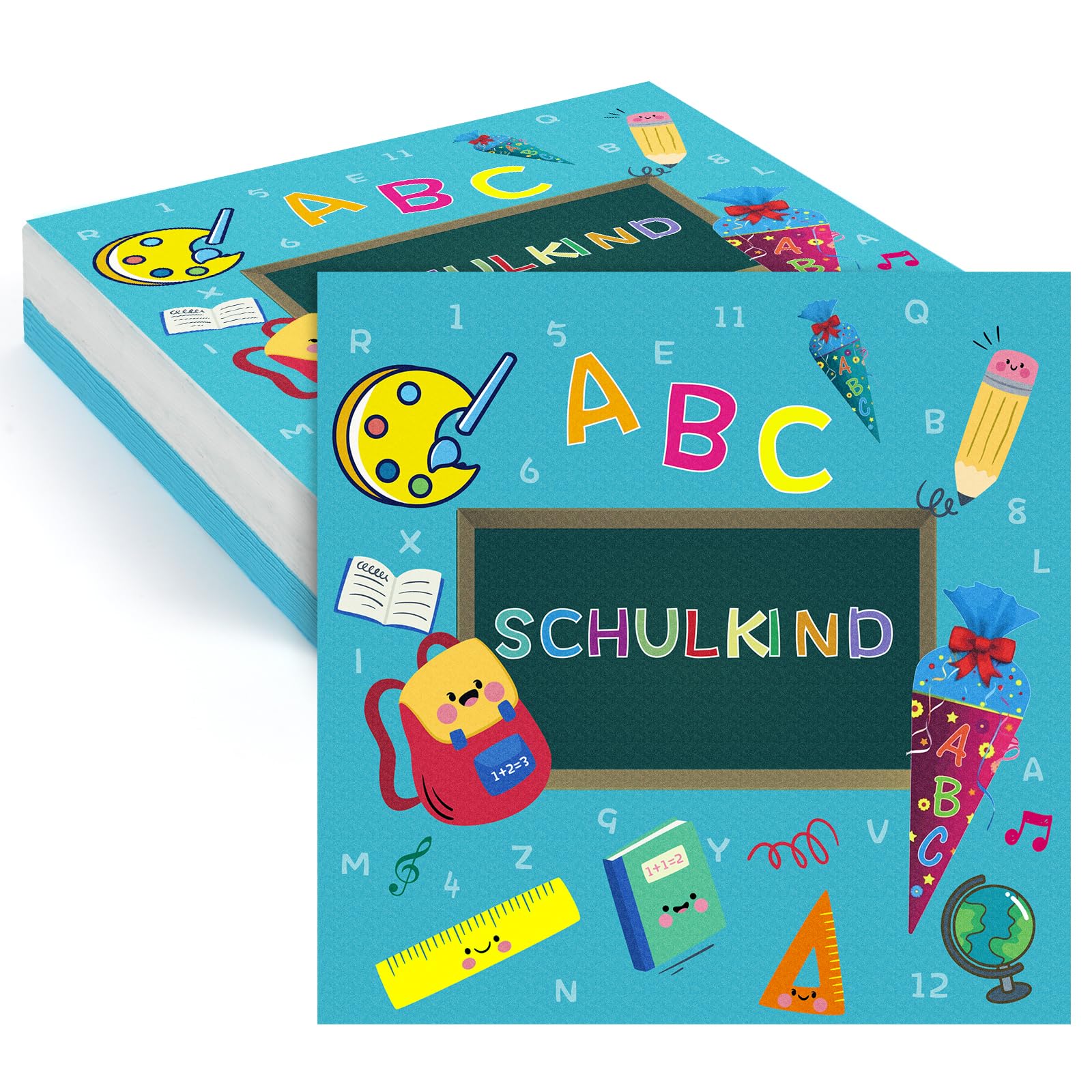 Schuleinführung Schulanfang Einschulung Deko mit Schulkind Bunten ABC Zuckertüte 1 + 2 = 3 Tafel Rucksack Motiv