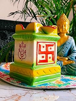 Multicolor Tulsi Ceramic Pot Medium Sized for Indoor, Outdoor,Home Office,Pooja Plants Gamla Size-5 by 7 inches (Medium Multicolor)