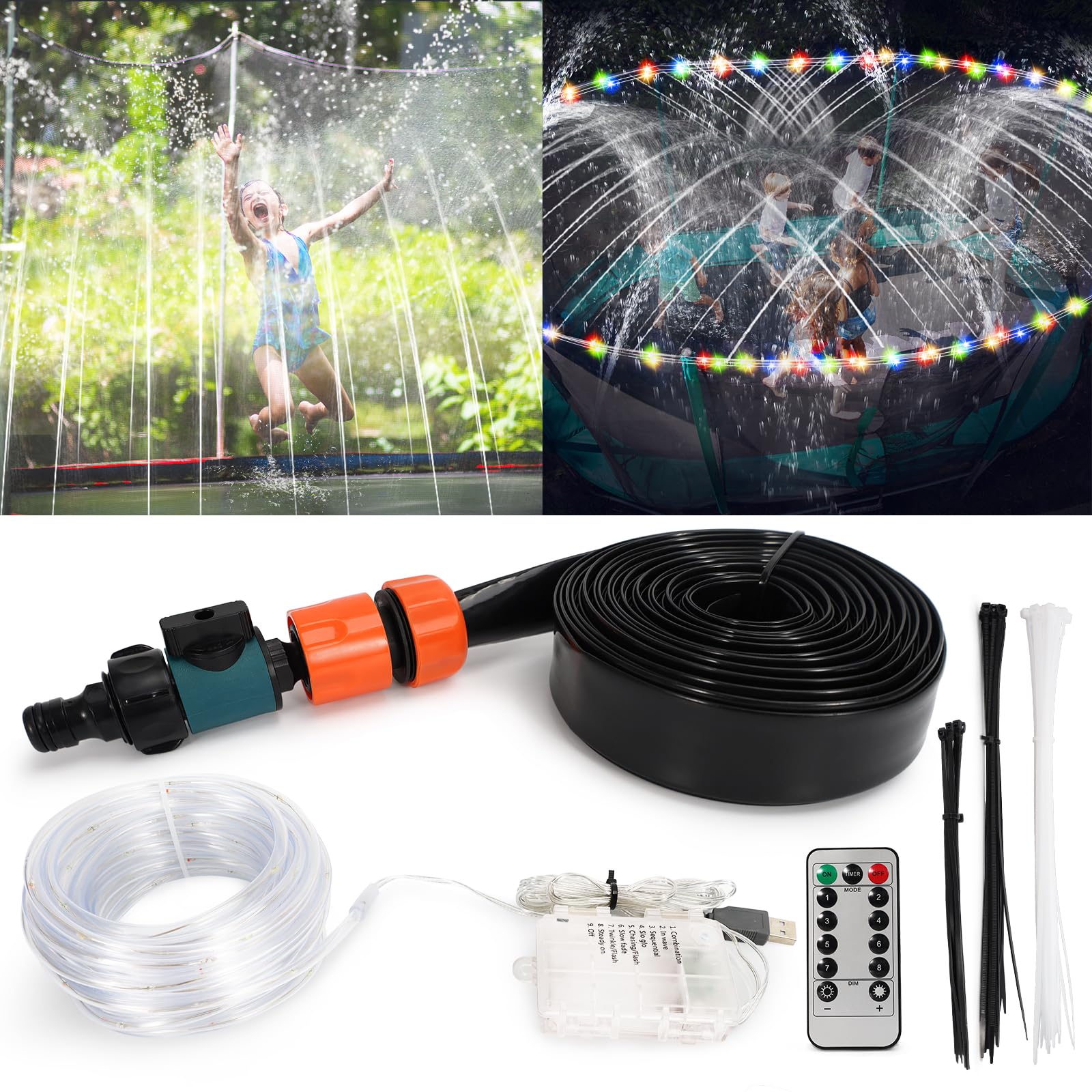 39.4ft Outdoor Trampoline Water Sprinklers with 39.4ft LEDs Trampoline Lights,Kids Water Plays Sprinklers Trampoline Accessories, Backyard Water Park Toys for Boys Girls