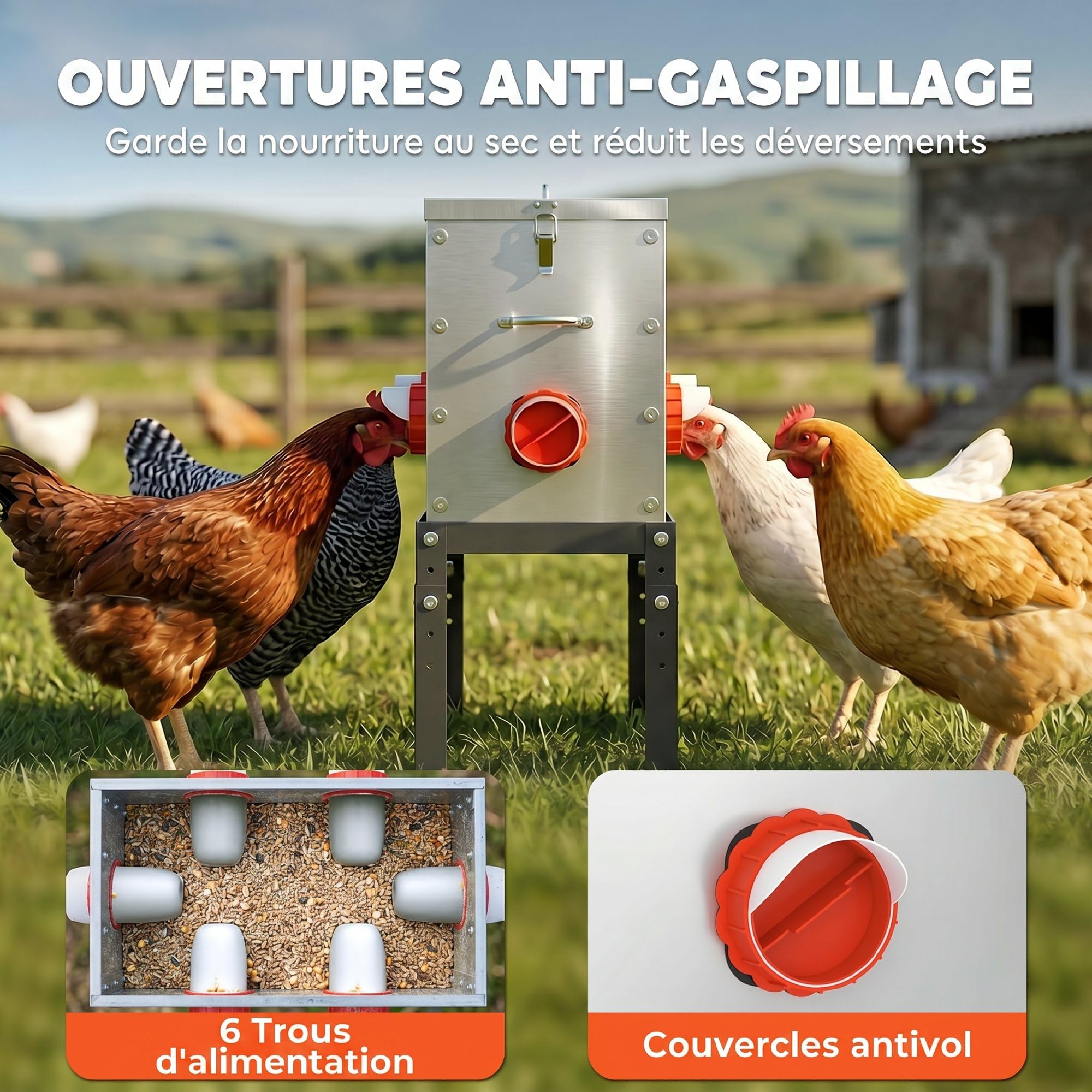 PawHut Mangeoire Automatique à Poulet 27 L en Acier Galvanisé, 6 Ports, Couvercle Verrouillable, Hauteur Reglable, Anti-Gaspillage, Grande Mangeoire pour Poules Canards, Argent