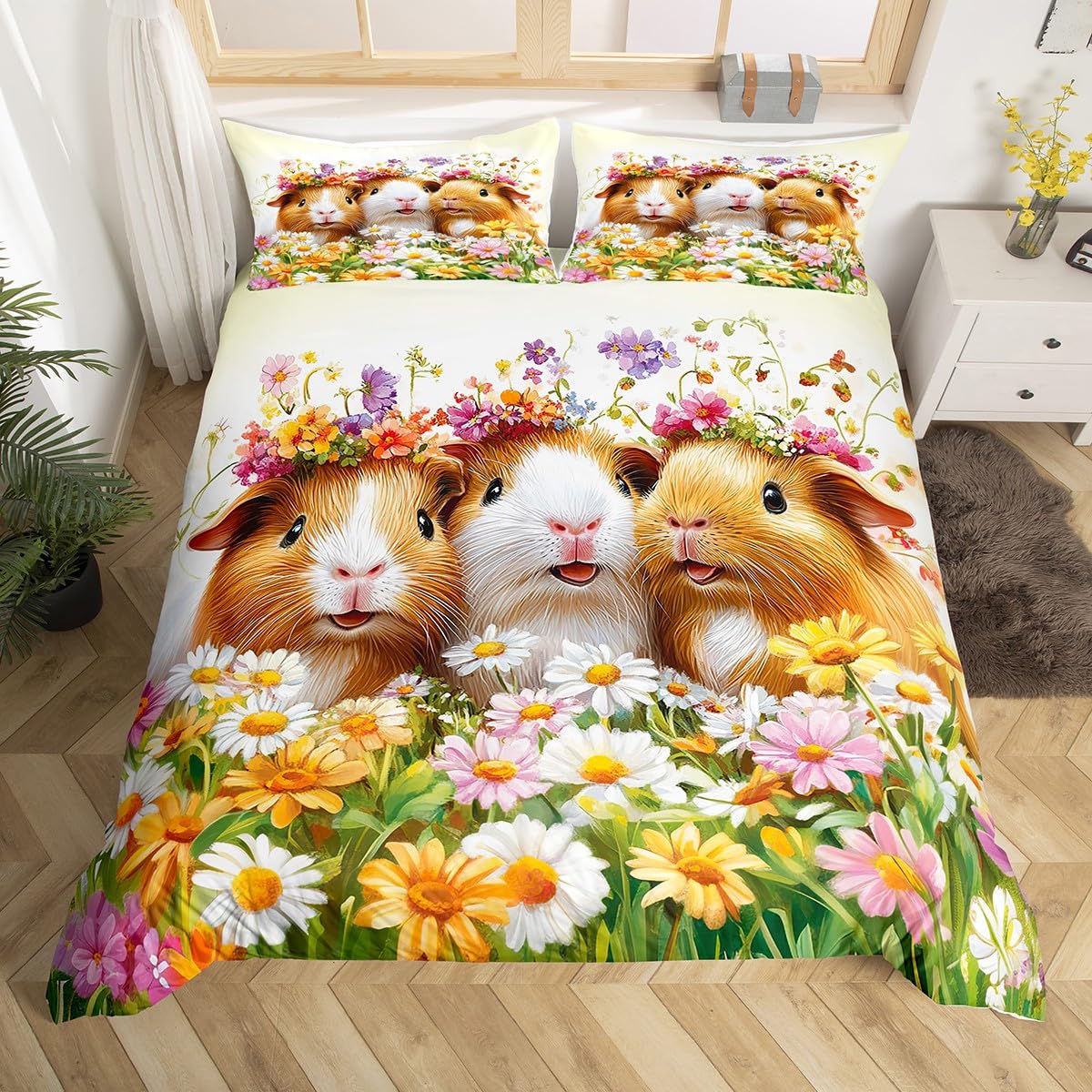 Homewish Guinea Pig Duvet Cover King for Kids Bedroom Decor Cute Guinea Pig Design Bedding Set for Girls Chic Garden Floral Print Quilt Cover Lovely Pet Animal Themed Bed Sets