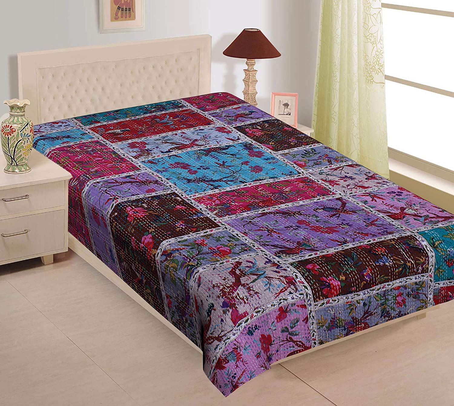 Maviss Homes Multicolor2 Indian Hand Block Print Kantha Quilt Queen Size Quilt Kantha Bedspread White Quilt Cotton Kantha Throw Bedding (, Twin 90 X 60 In)