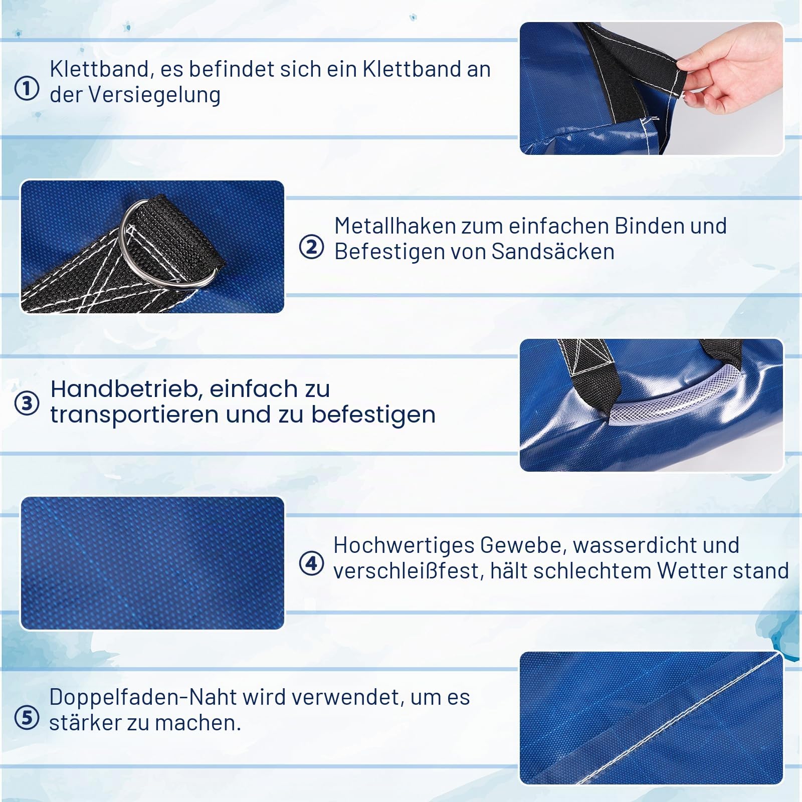 BOXOB 6stk Vinyl-Sandsäcke, Schwere Sandsäcke mit Griffen für Hüpfburgen Zeltplanen Wasserrutschen Sichere Verankerung für Outdoor-Aufblasbare Langlebig Wetterfest (Blau)