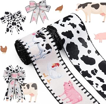 ALIBBON 2 Rolls 2.5" 5 Yd Farmhouse Animals Ribbon Black White Cow Print Wired Ribbon Cartoon Animals Fabric Ribbon for Farmhouse Decor Wreath DIY Crafts Bows Making Gifts Wrapping Party Decor