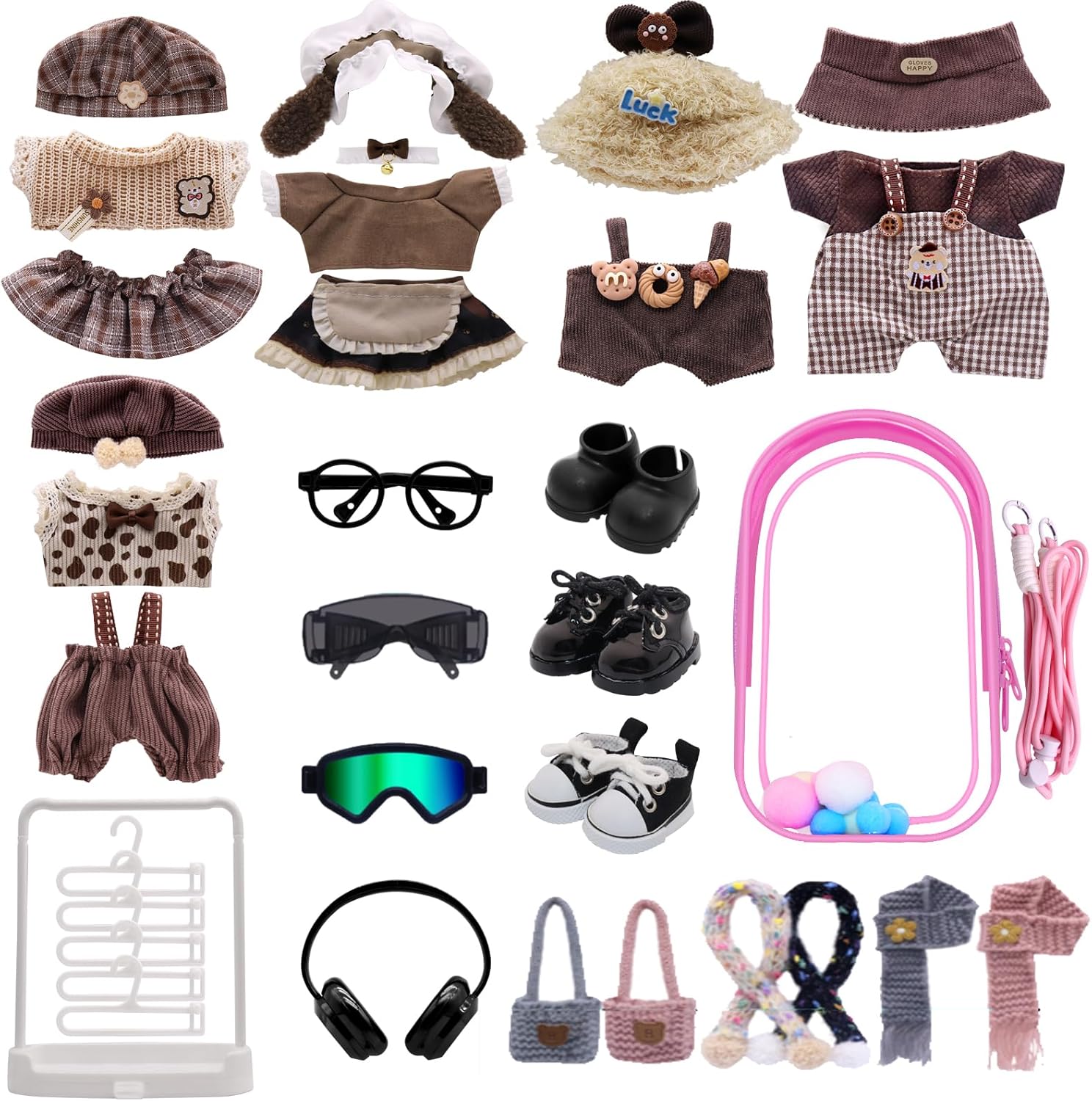Clothes for Labubu, 24-piece Clothes and Accessories Set Designed for Labubu Doll Clothes, Includes Display Bag, Clothes Rack, Scarf, Knitted Bags, Headphones, Glasses, and Shoes Accessories - Style C