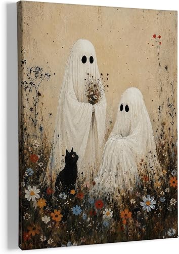 HIWX Halloween Ghost Cat Floral Wall Art Decor Framed Canvas Painting 11x14