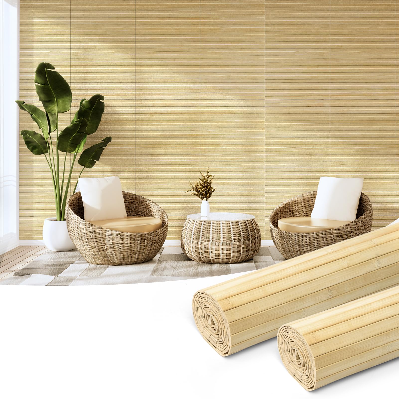 Art3d Natural Bamboo Wall Panel for Interior Wall Decor, Renewable Pole Wrap Wainscoting Paneling for Wall Ceiling Furniture Cabinet Office, 12 x 96 Inch, 2-Pack - Raw