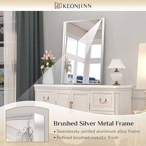 Miniatura 142 de Keonjinn Espejo de baño dorado de 48 x 36 pulgadas, espejo rectangular con marco de metal dorado cepillado, espejo de pared grande rectangular