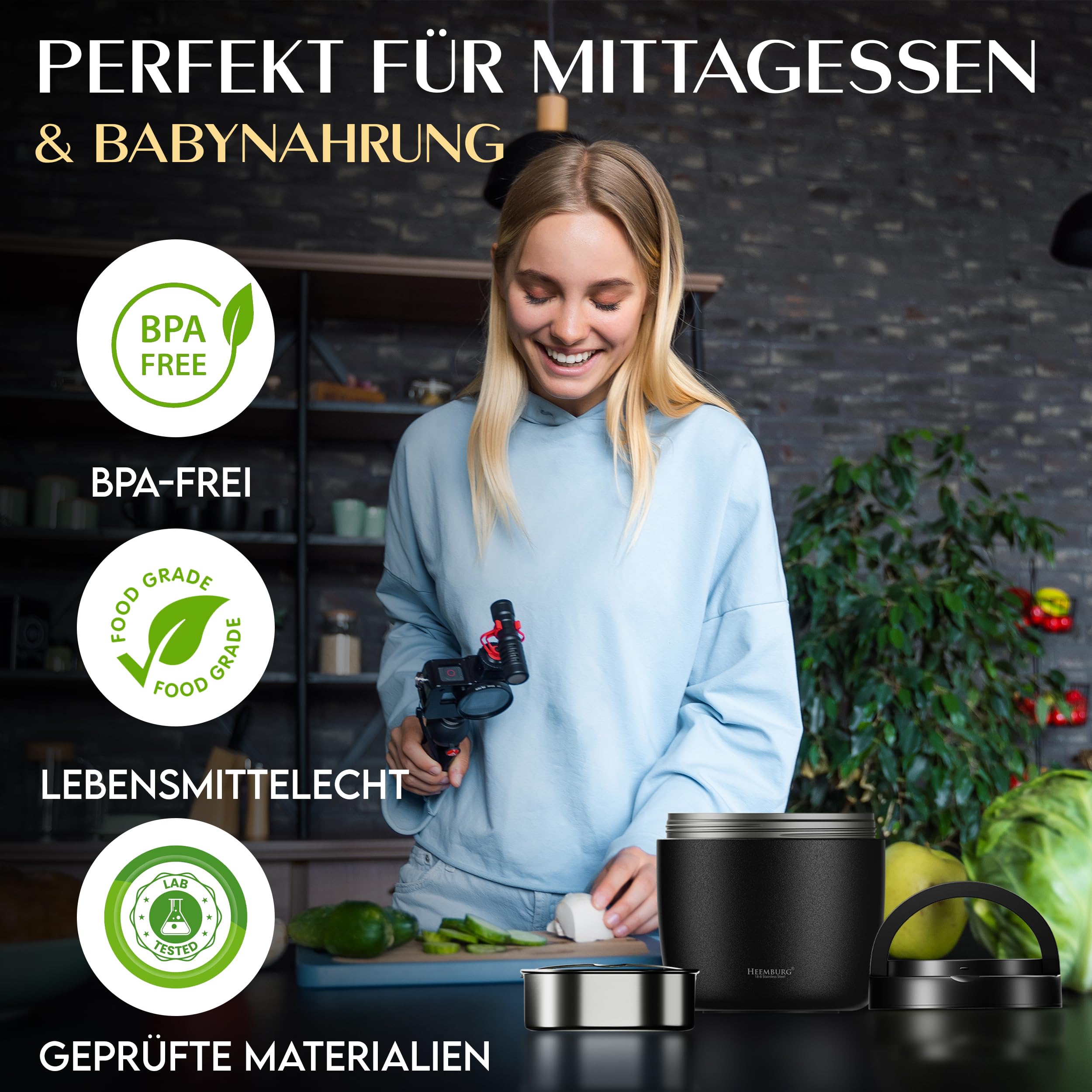 HEEMBURG Thermobehälter für Essen, Henkelmann 1L, Edelstahl, Doppelwand isoliert, Lunchbox Warmhaltetopf für Mahlzeiten, Suppe, Mittagessen, Babynahrung | Für Büro Arbeit unterwegs