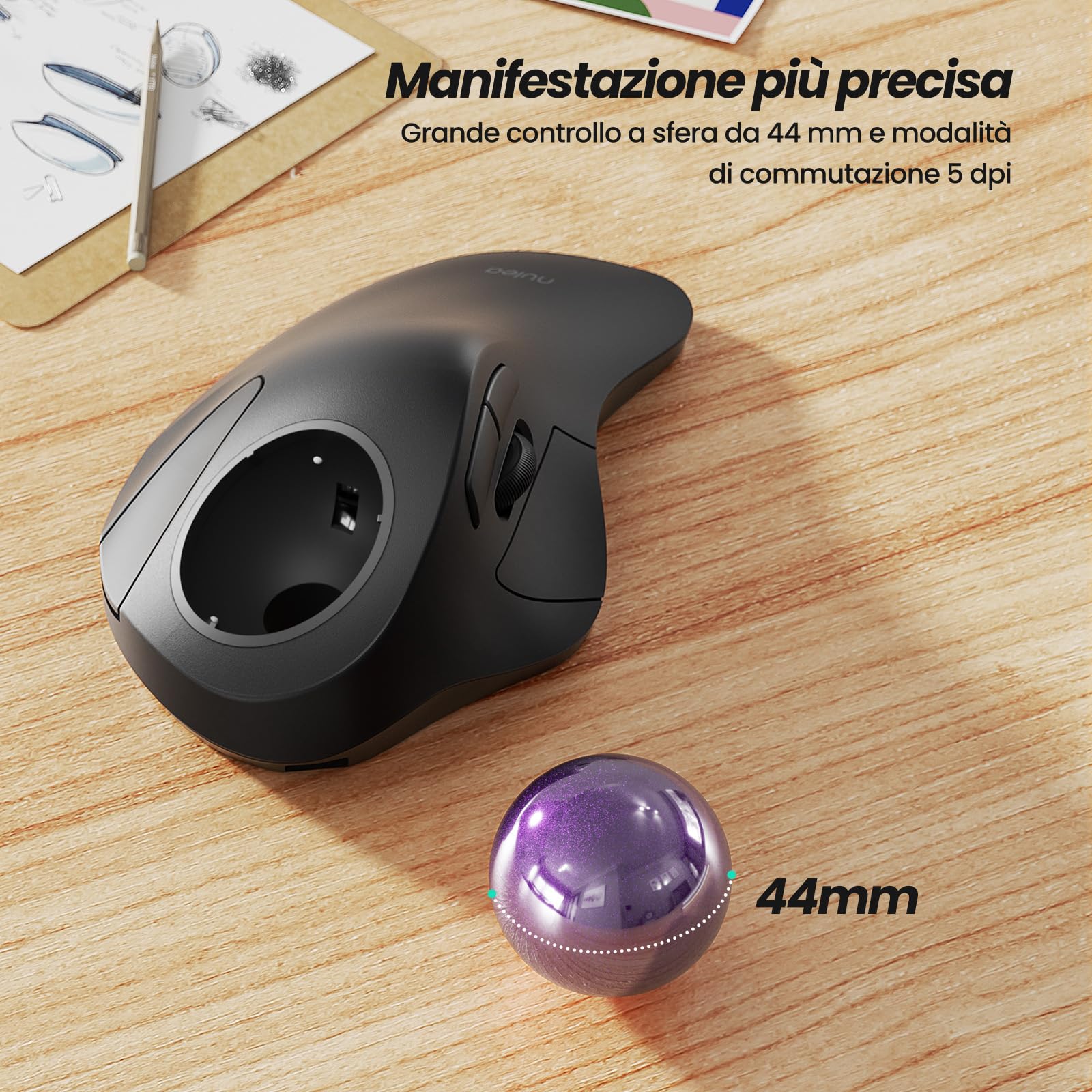 Nulea Mouse trackball wireless, design ergonomico ricaricabile, controllo del dito indice con 5 DPI regolabili, connessione a 3 dispositivi, compatibile per PC, laptop, iPad, Mac, Windows, Android