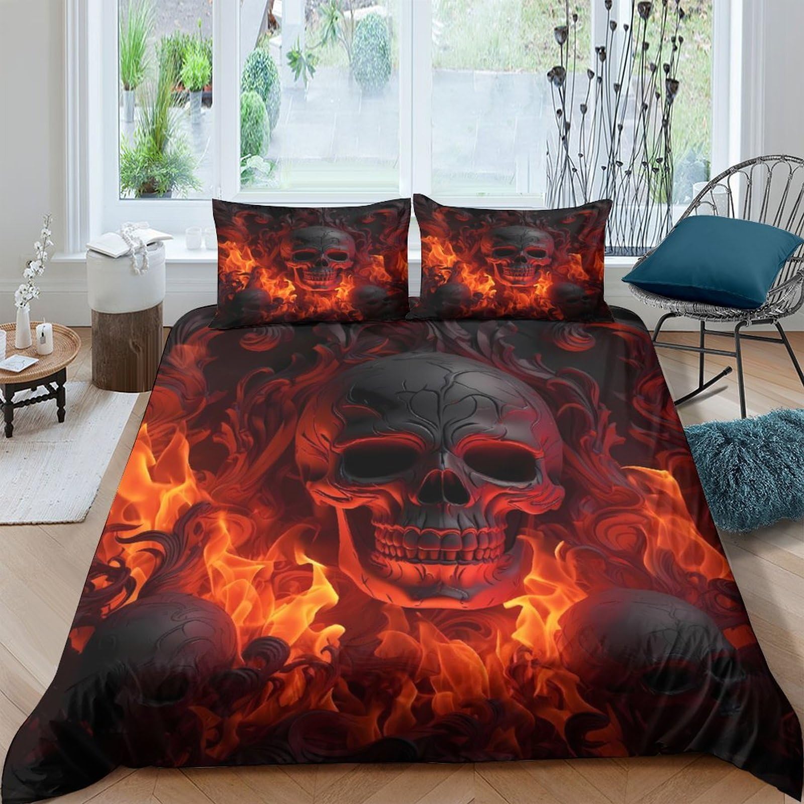 GPLZQXKJNH 3D Printed Skull Flame Duvet Cover Set Microfiber Soft Breathable Skeleton Fire Bedding with 2 Pillowcases for Bedroom Decor Single（135x200cm）