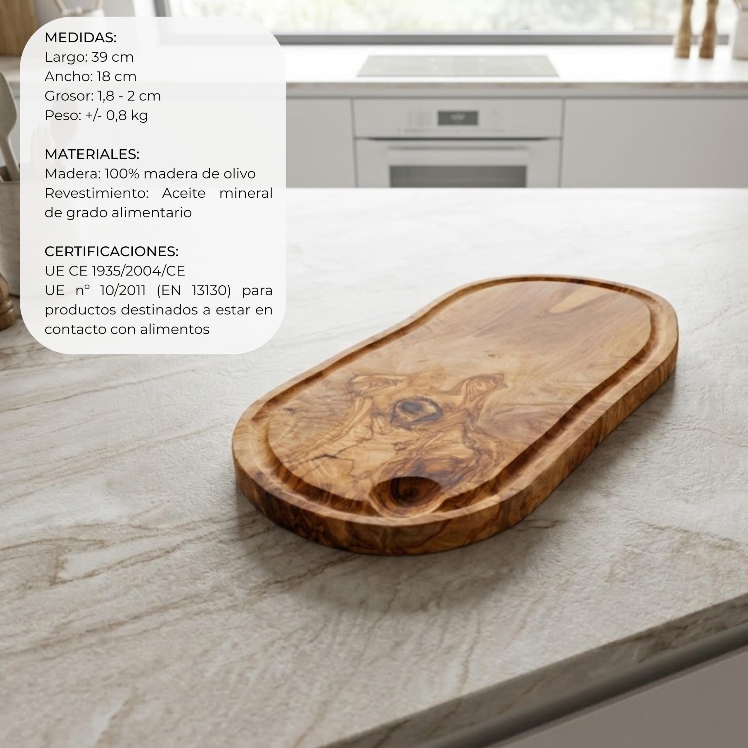 Erreke Tabla de Madera de Olivo Natural con Ranura, 39 x 18 cm, Uso Diario
