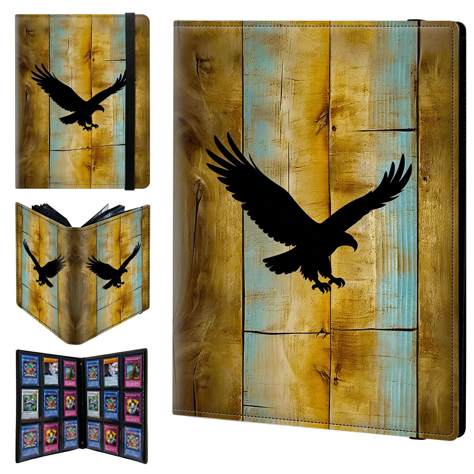 9 Pocket Trading Card Binder 720 Side Loading Pocket Album with Eagle on the Wood Pattern Design Card Binder for Sports Cards & Game Cards