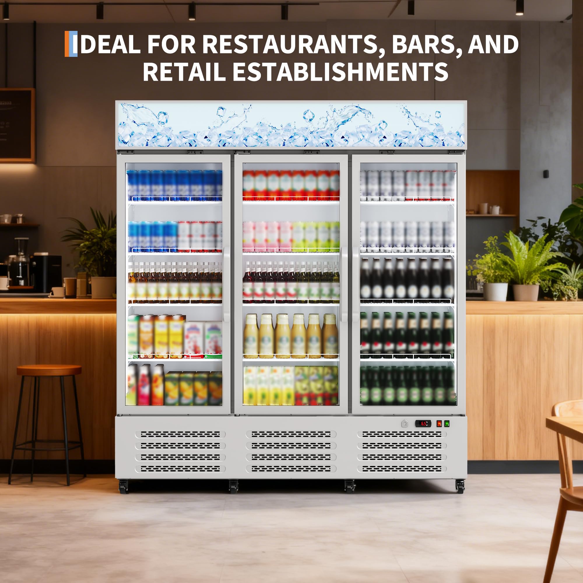 290 Gallon Three-Door Display Beverage Refrigerator With Lightbox, Metal Sheet Commercial Refrigerator With Adjustable Shelves, Locking Casters For Restaurants, Bars, And Retail Stores, White on Fridge.com - View 5