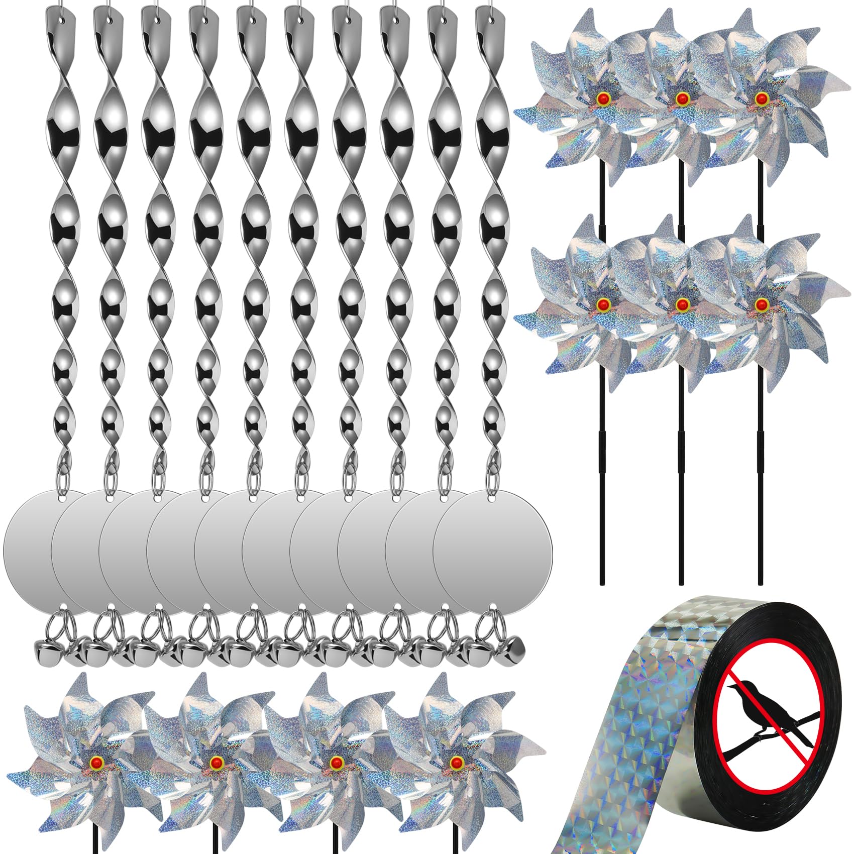 Bird Devices Outdoor Set, Bird Reflective Rods and Tape, Double-Sided Bird Reflector, Reflective Pinwheels with Stakes