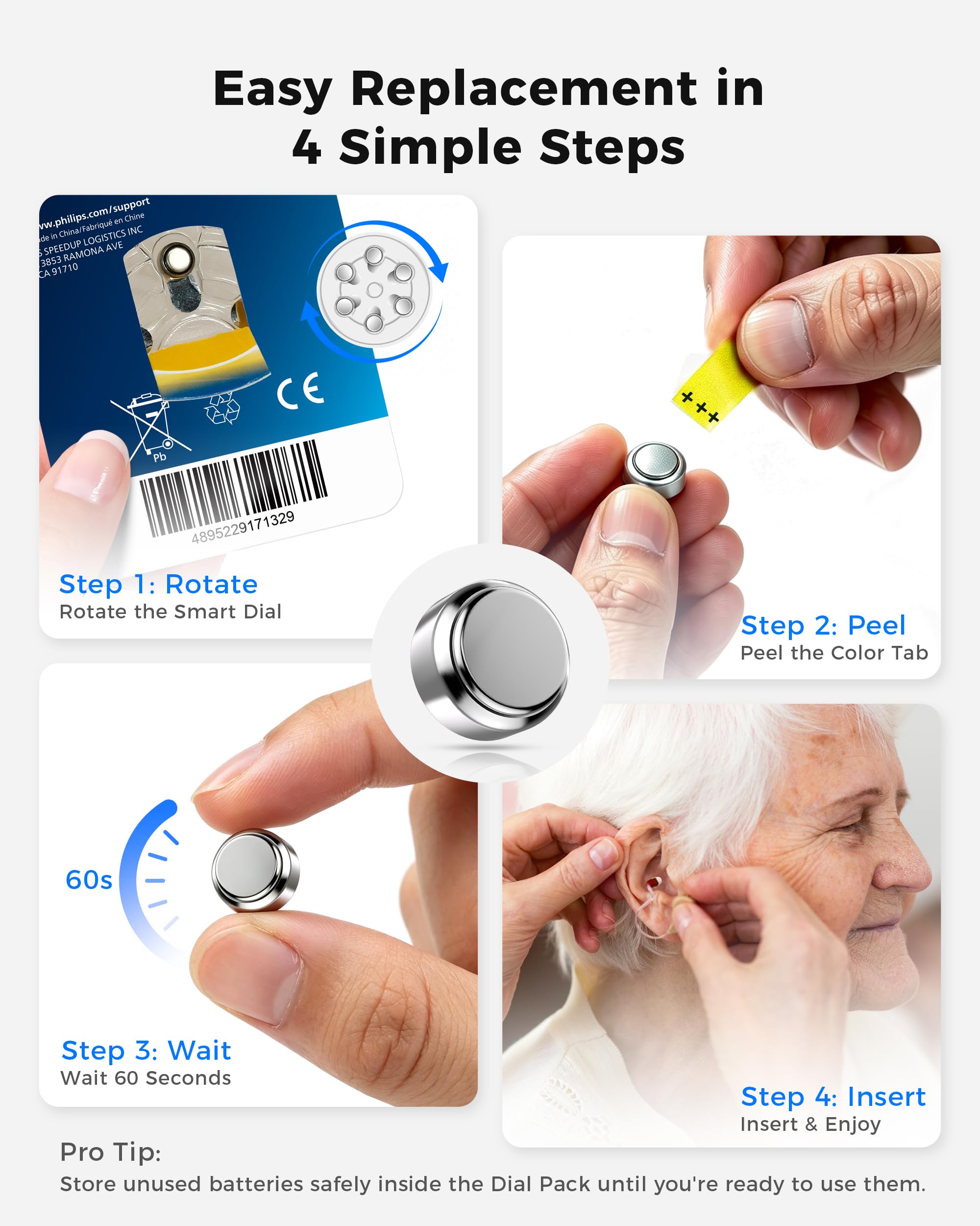 PHILIPS Paquete de 60 pilas para audífonos tamaño 10, zinc aire de 1,45 V, potencia de larga duración sin mercurio con pestaña fácil y embalaje resistente a los niños, naranja, para audífonos y
