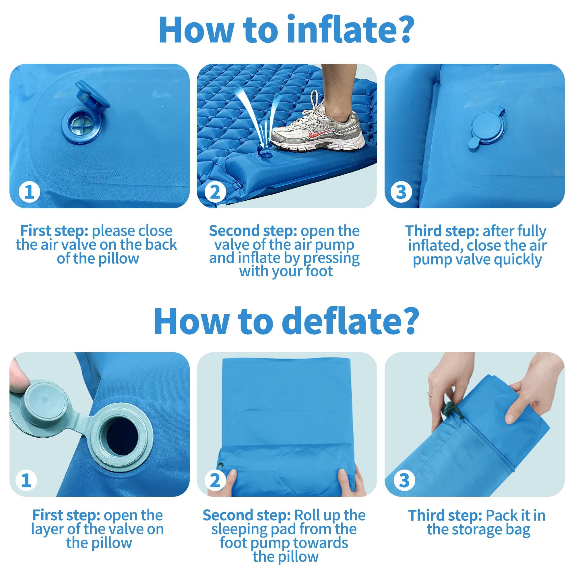 Colchoneta de dormir doble para camping, colchoneta inflable ultraligera para 2 personas con almohada y bomba de pie integrada, colchón portátil de camping para tienda de campaña, mochilero