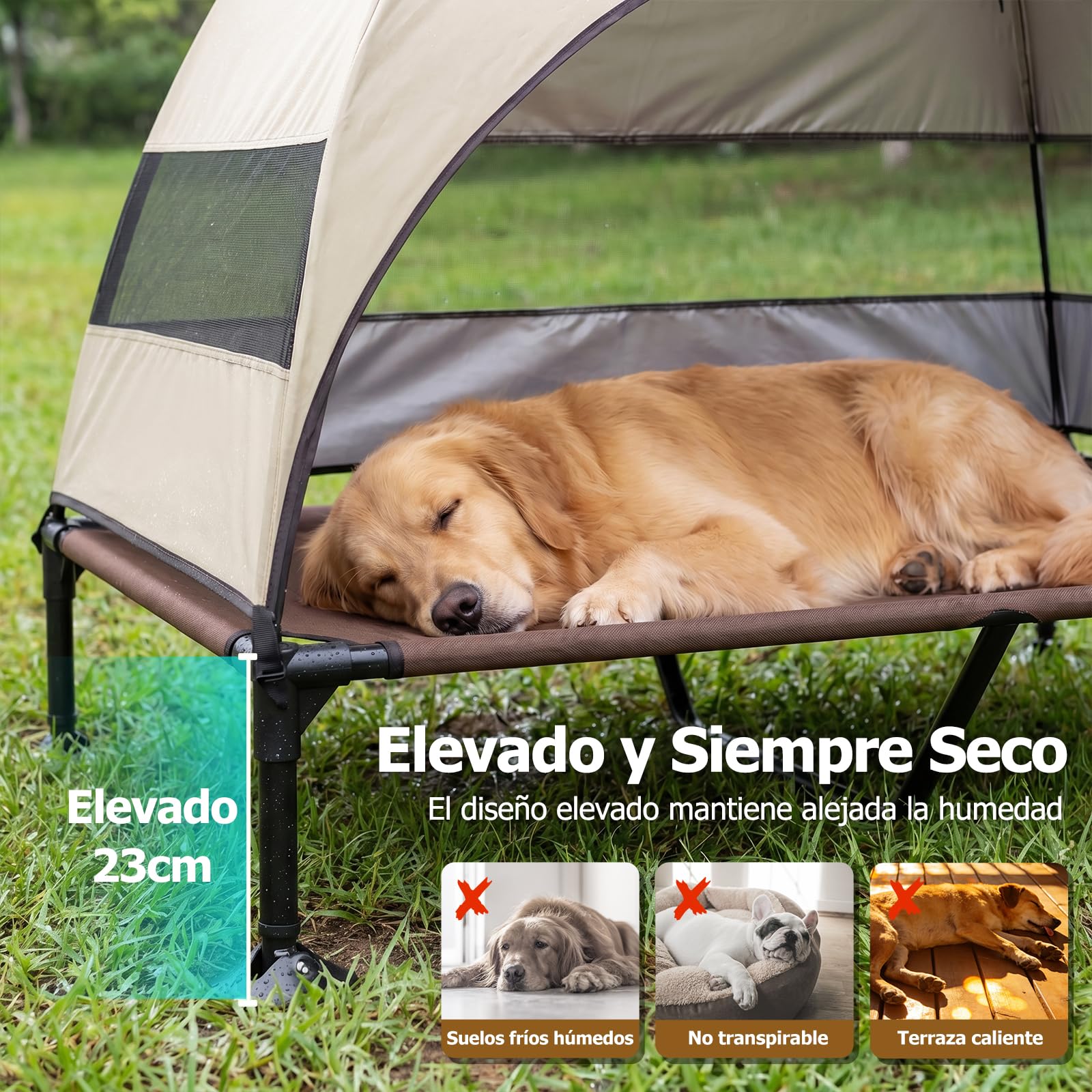 Cama elevada para Perros al Aire Libre con Techo, Tumbona Plegable con pies Antideslizantes, Tienda para Perros al Aire Libre con Gran Sombra, Cama elevada para Camping, jardín, Playa (Caqui, XL)