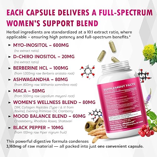 Vista 4 de Myo-inositol, D-Chiro Inositol, Berberina, Ashwagandha y Maca – Apoya la salud de la mujer y el equilibrio del estado de ánimo – 150 cápsulas