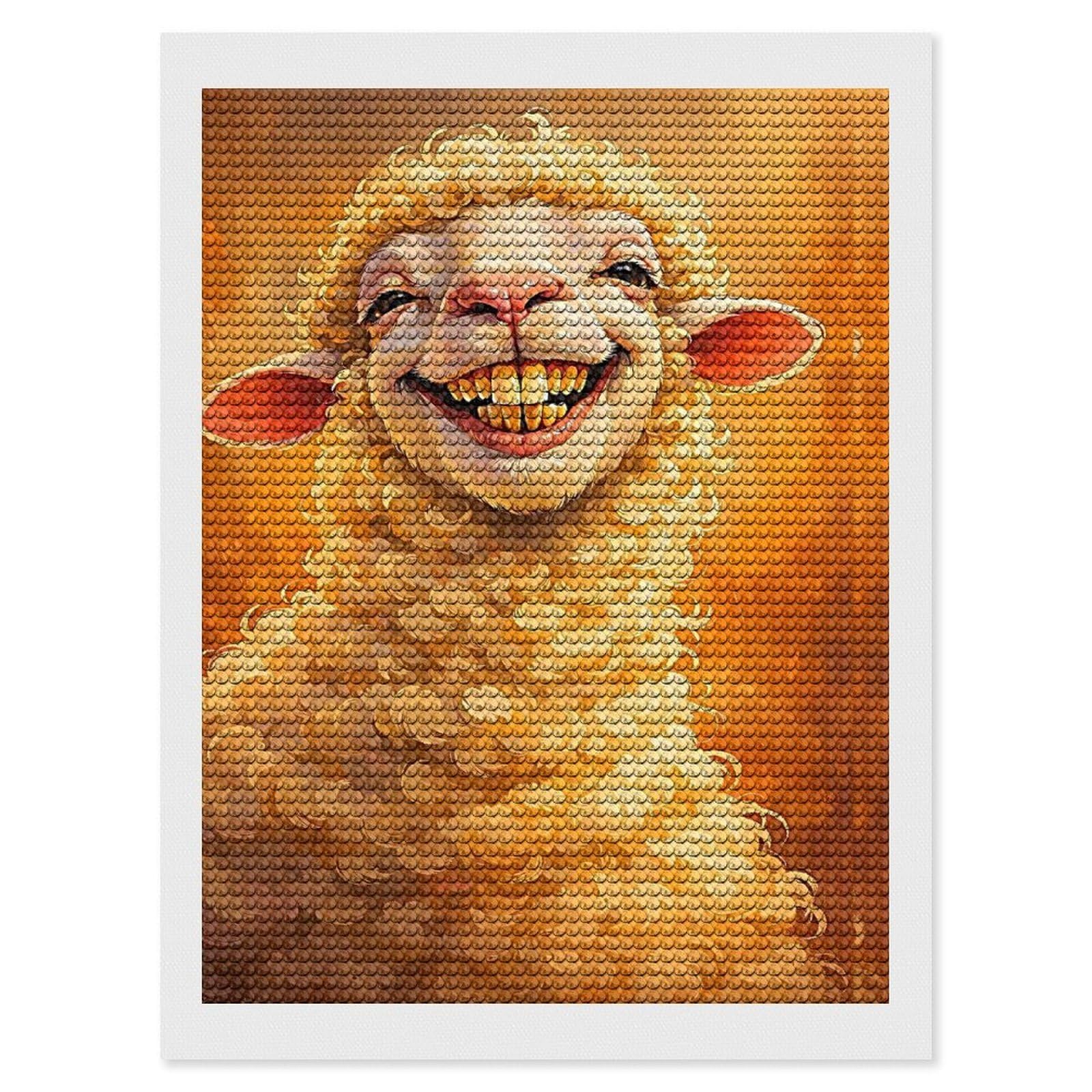 Junmoney Goofy Sheep with Golden Teeth DIY Diamond Art Canvas Kit 12"x16", Winter Craft, Mindful Craft Project, Aesthetic Room Decor, Decor Project