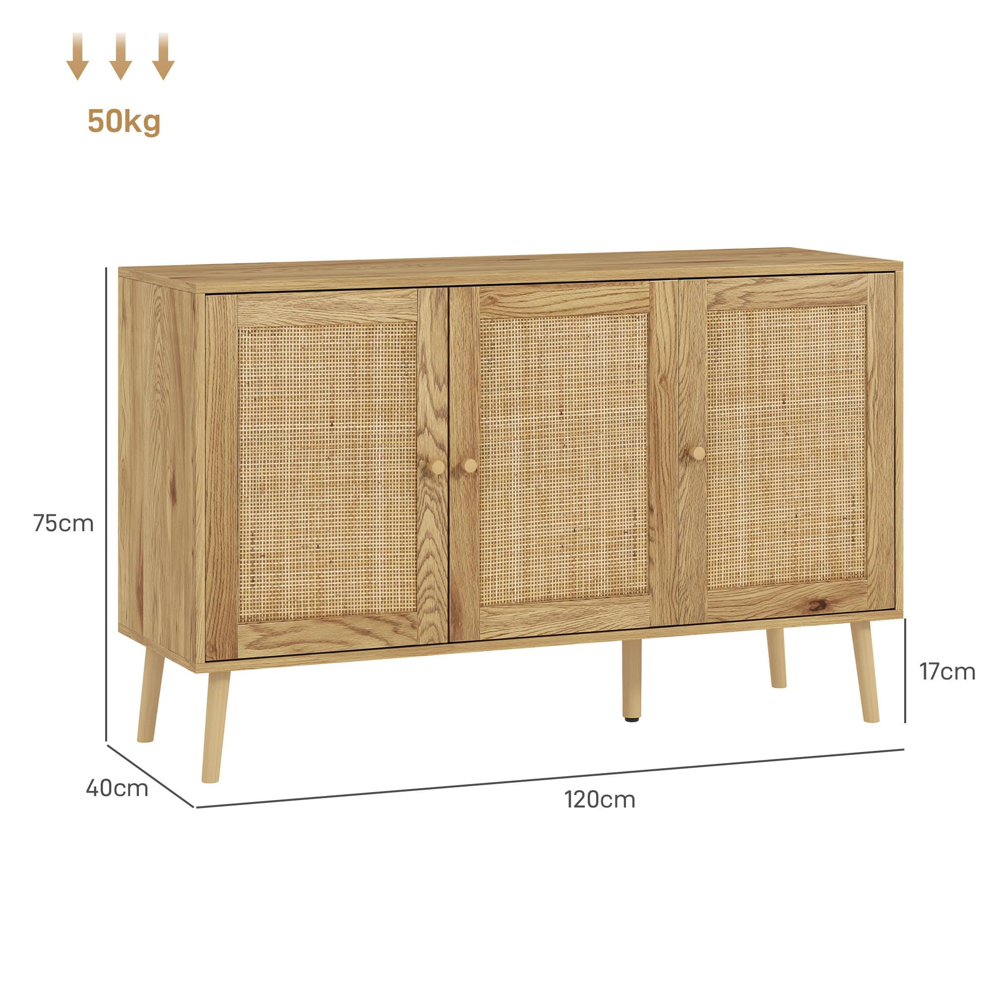 HOMCOM Aparador con 3 Puertas de Ratán, Aparador de Salón Bohemio, con Estantes Ajustables, para Cocina, Entrada, Dormitorio, Madera Natural, 120x40x75 cm
