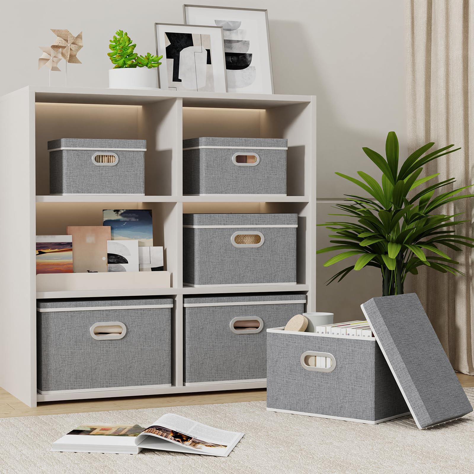 Yawinhe 3 Pack Cajas de Almacenaje con Tapa,Gris Cajas de Tela,38x25x25cm | Cajas de Almacenamiento Plegables;Contenedores Organizadoras de Tejidos con Asas,Lavable Contenedores Plegables