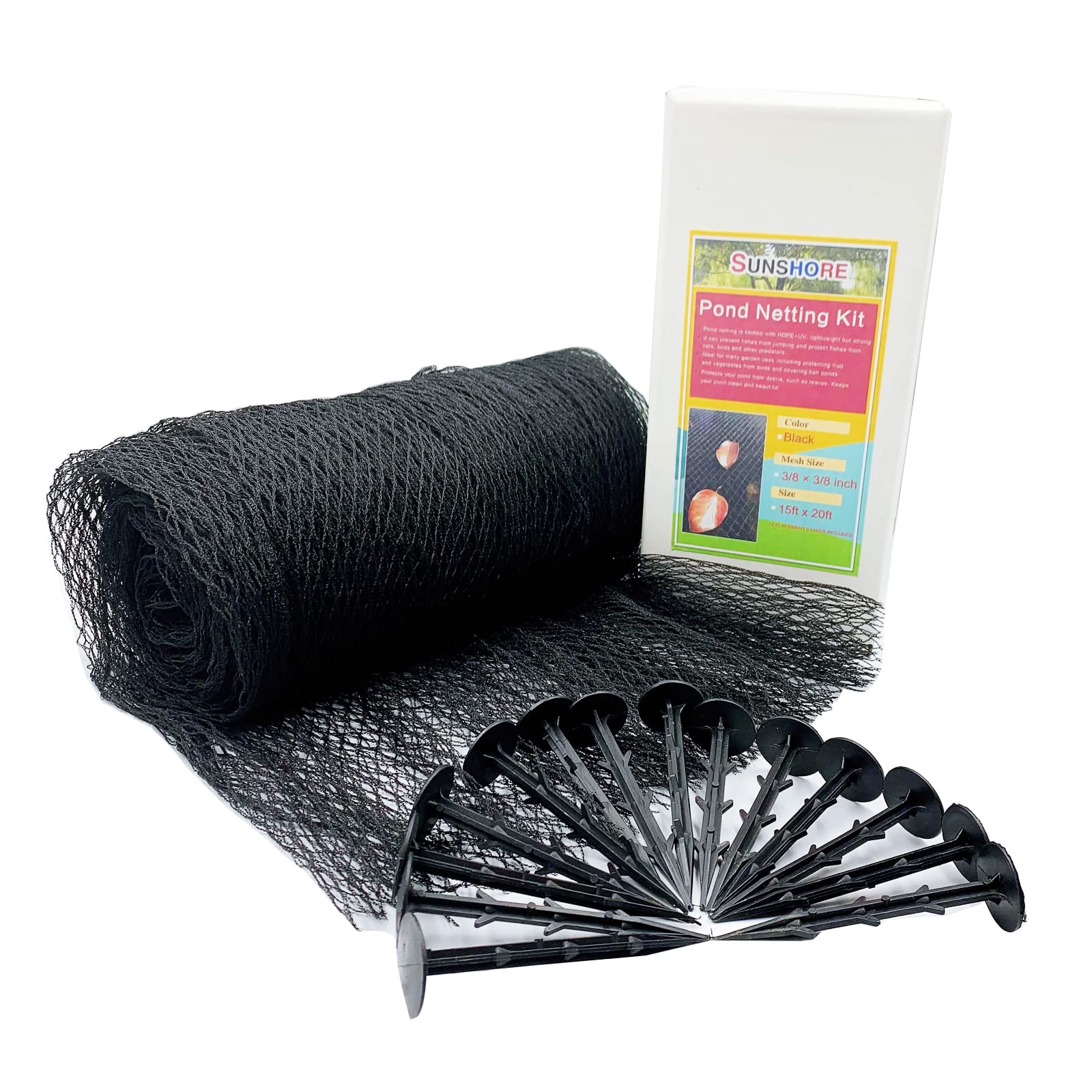 SUNSHORE Pond Netting Kit 15FTx20FT fine and Durable mesh Heavy Duty Pool Pond Cover Net Mesh for Leaves Anti Bird Net - Free 14 pcs Stakes