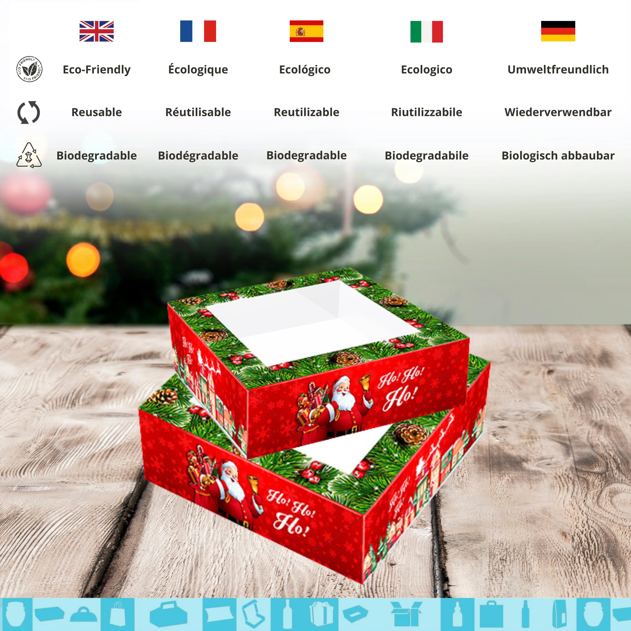 Espirito Rebelde 50 cajas de cartón para tartas con ventana (20 x 20 x 7,5 cm) – Diseño de Navidad, caja de panadería – Cajas para tartas de Navidad, galletas, magdalenas