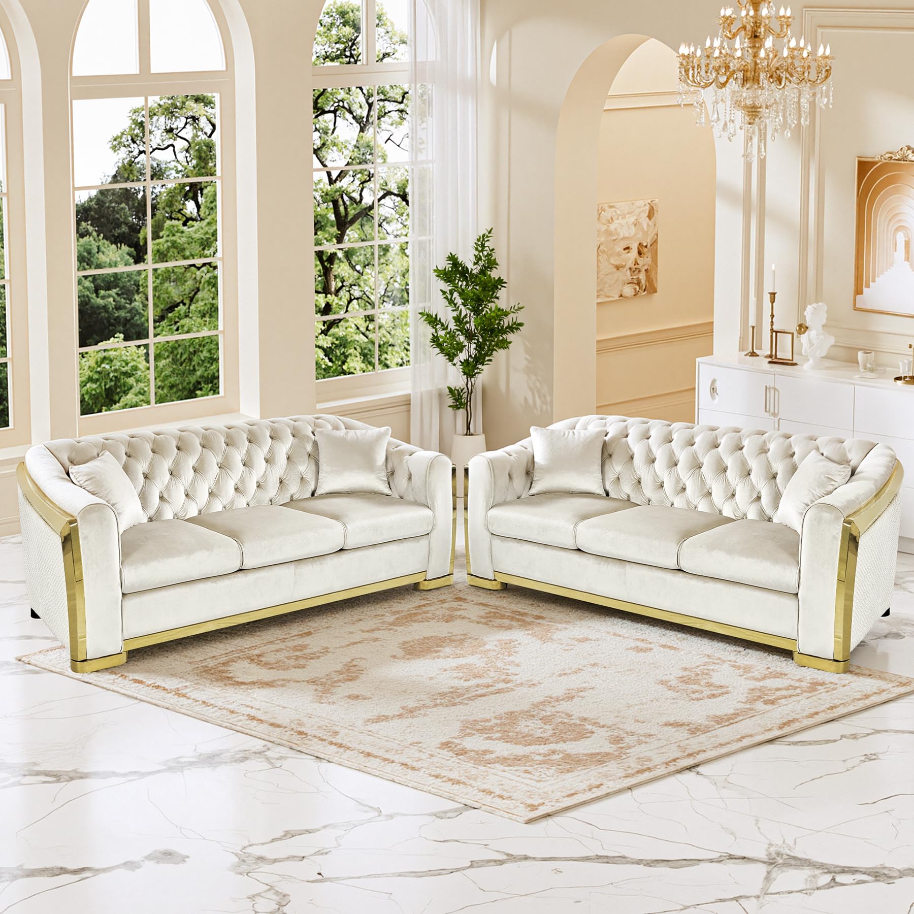 DAMAIFROM Mid Century Modern Chesterfield Sofa Couch, 84" Velvet Couch White and Gold Sofa Luxury Curved Loveseat for Living Room, 6 Seat Tufted Sofas