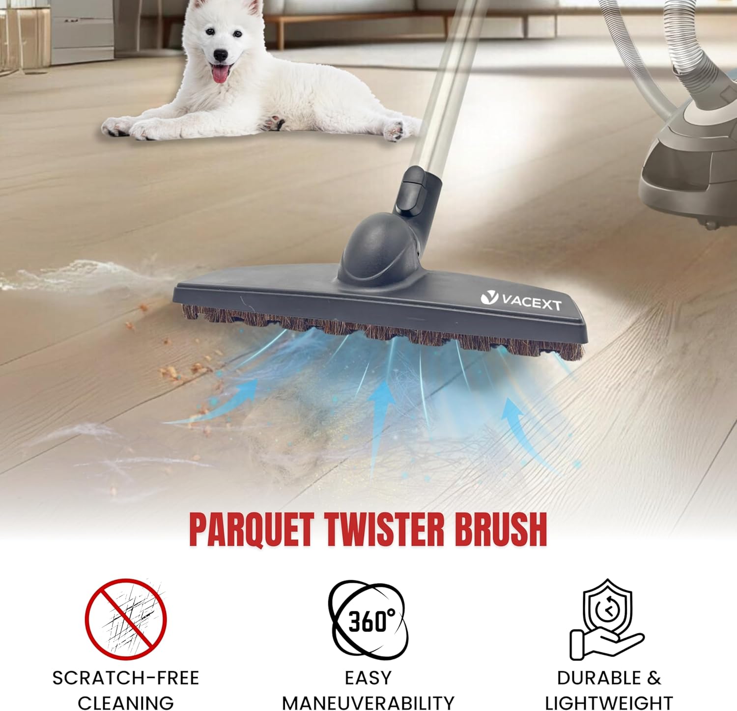 for Miele Hardwood Floor Brush Head – 12” Parquet Twister with Soft Horsehair Bristles, 360° Swivel Vacuum Attachment for Hard Floors – Compatible with Miele C1, C2, C3 Canister Vacuums