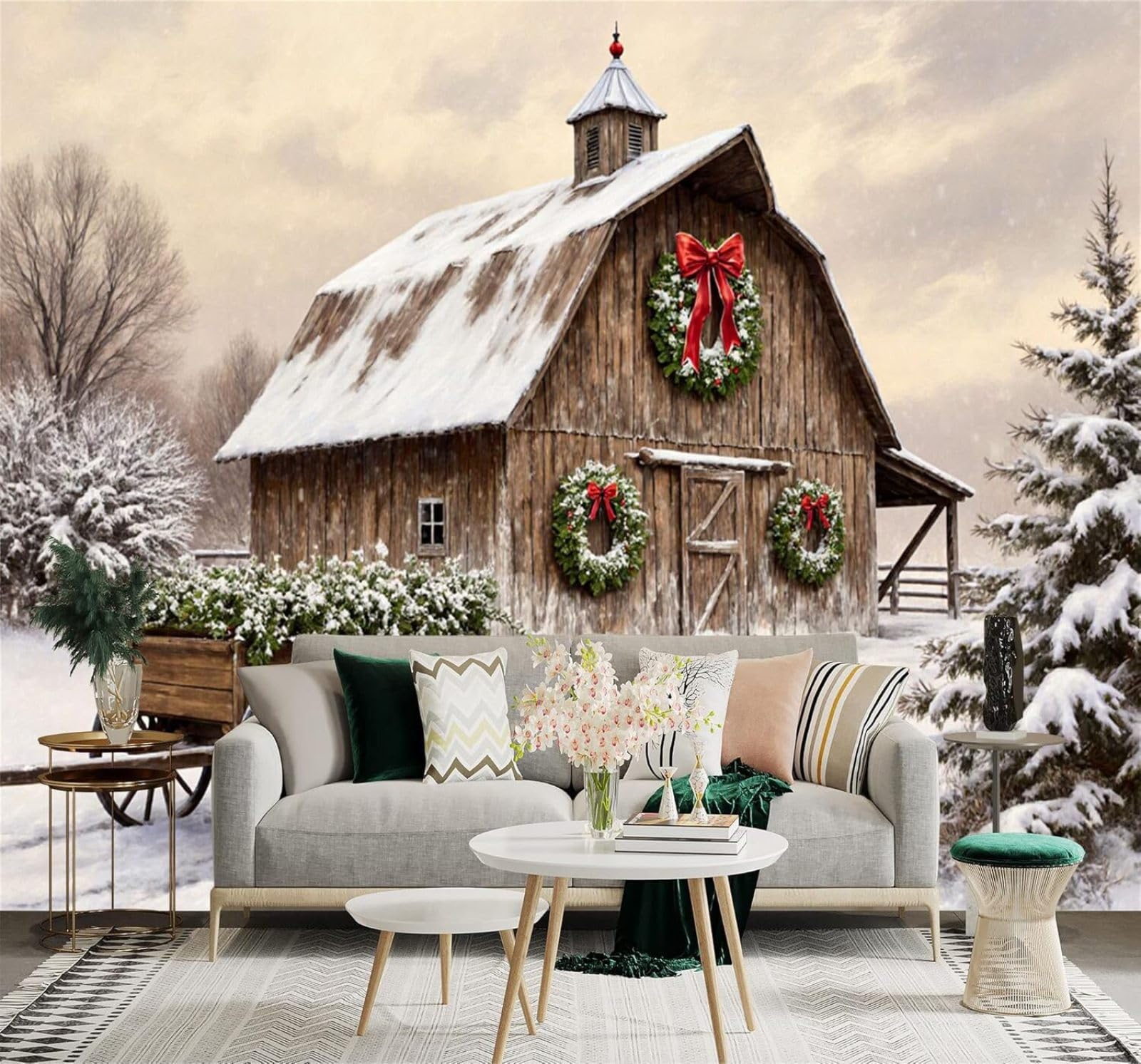 Xlming 400Cm×280Cm(B×H) Beautiful Winter Barn Snowy Landscape Wreath Wooden Cart 3D Wallpaper Silky Texture Home Study Office Grey Dining Room Sofa Bedroom Living Room Tv Backdrop-400Cm×280Cm