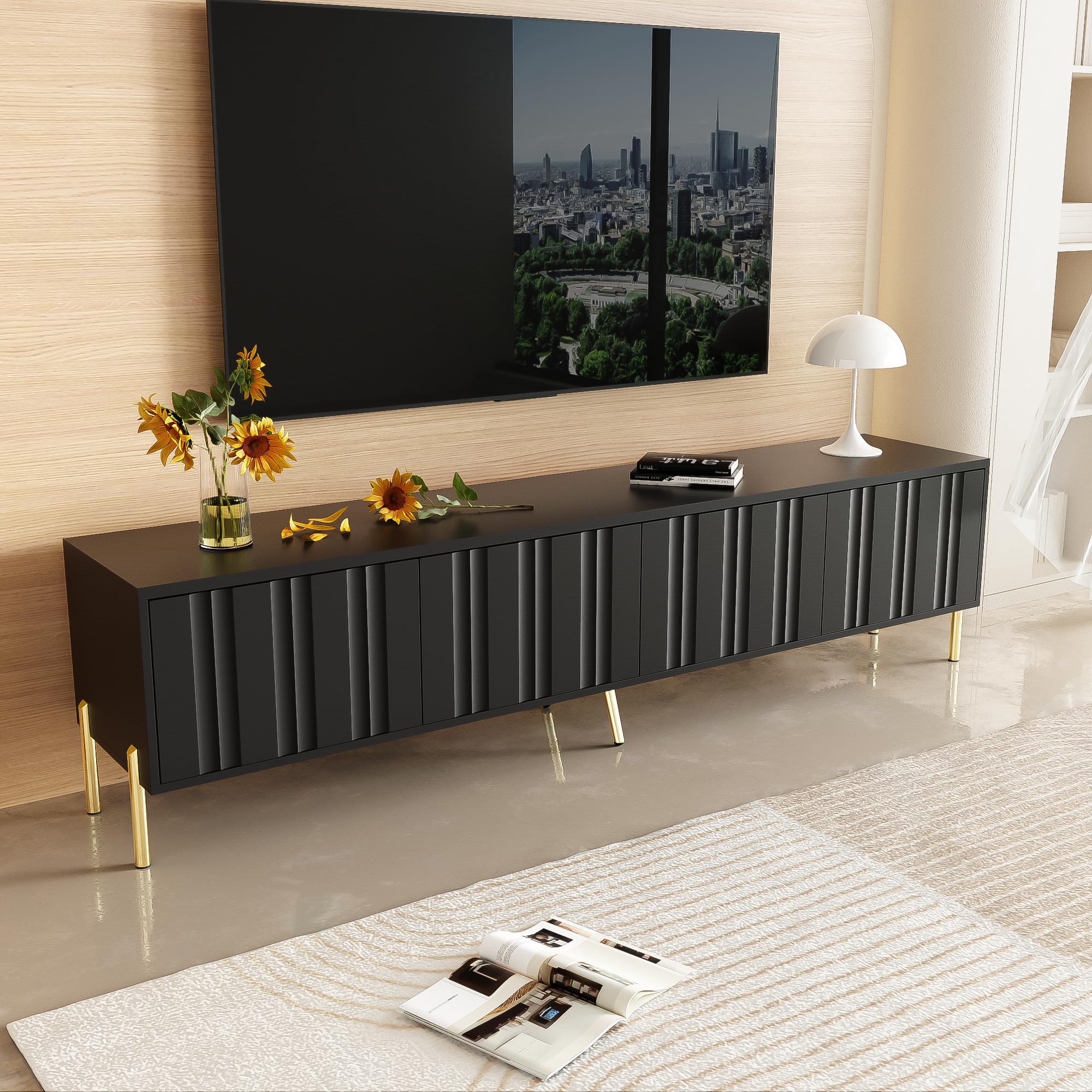 BTM Schwarzes TV-Schrank, 190 cm(L) x 38 cm(W) x 48 cm(H), goldene Tischbeine