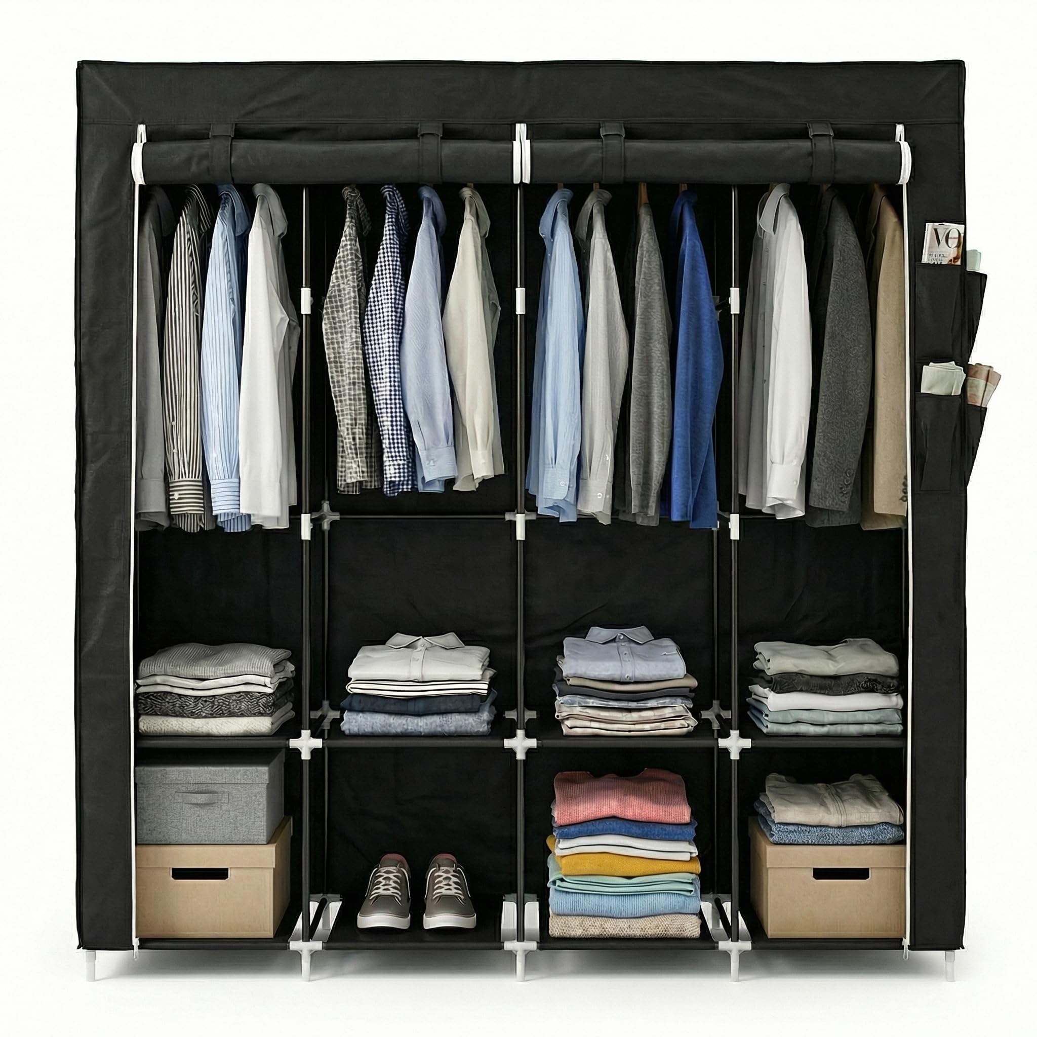 Pincho Armadio guardaroba in tessuto, armadio portatile per abbigliamento, organizer per vestiti, con cerniera, scaffali modulari con appendiabiti, Wardrobe, armadio organizer - 170 x 45 x 165 cm nero