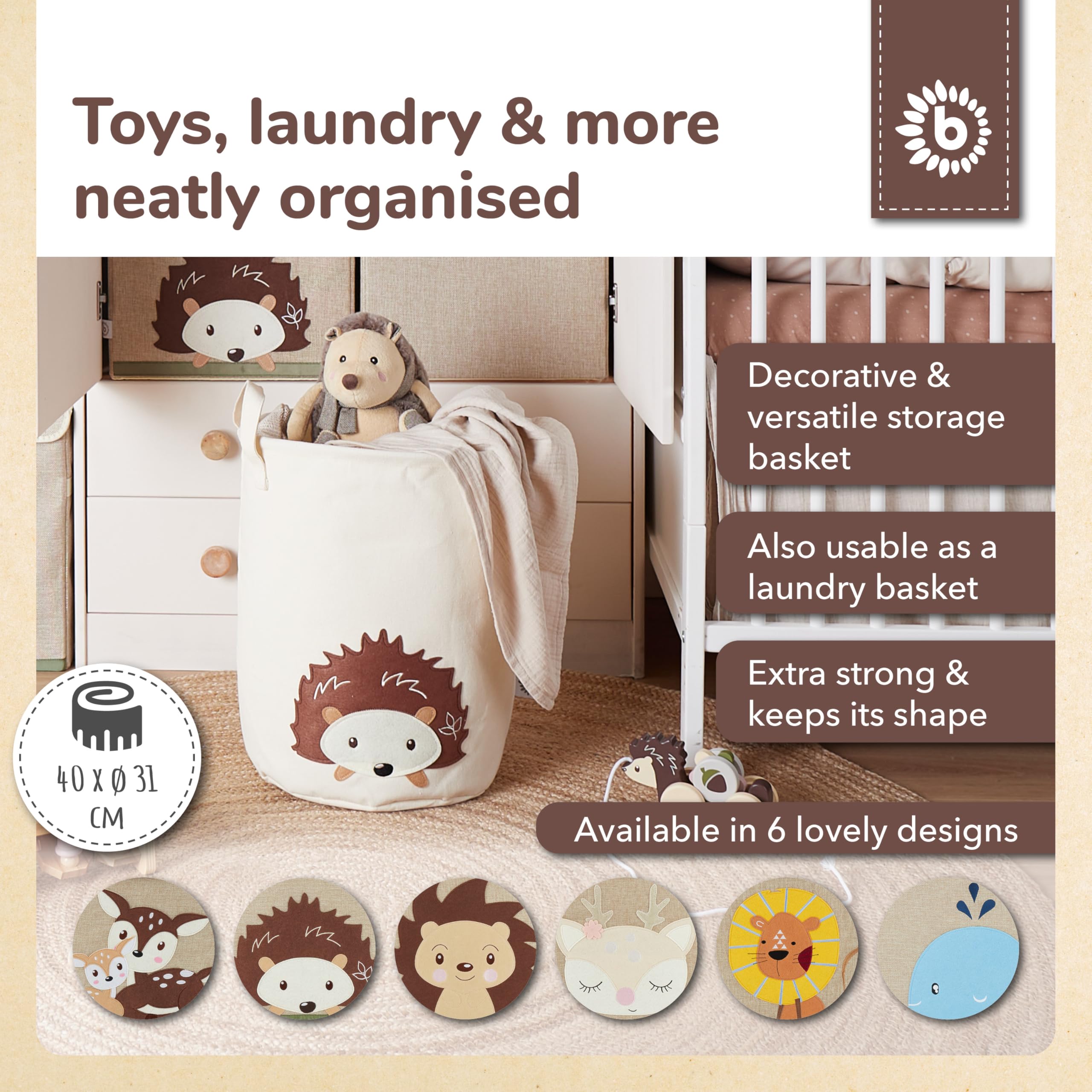 Bieco Laundry Basket Baby Hedgehog Large Storage Basket Children Cotton and Water-Repellent Storage Nursery Laundry Basket Children's Room Girls Toy Basket - Image 2