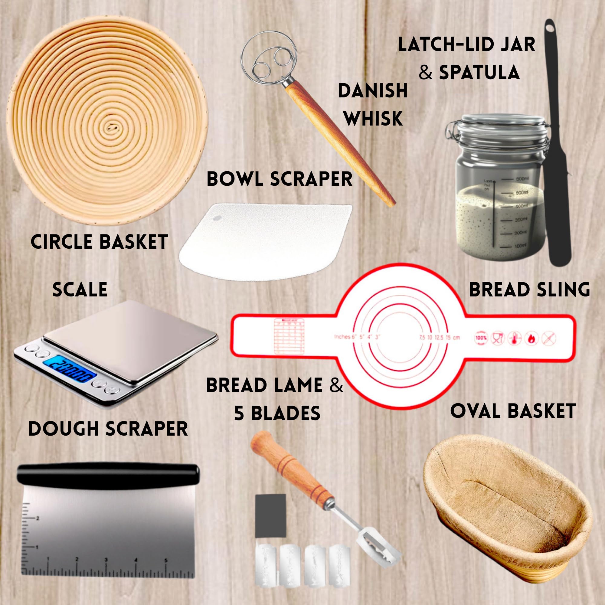 Sauerteig-Starter-Set, komplettes Sauerteig-Brot-Backzubehör mit Banneton-Brot-Gärkörbchen | Sauerteig-Starterglas | Lebensmittelwaage und mehr | Geschenkfreundliches Sauerteig-Set oder jedes