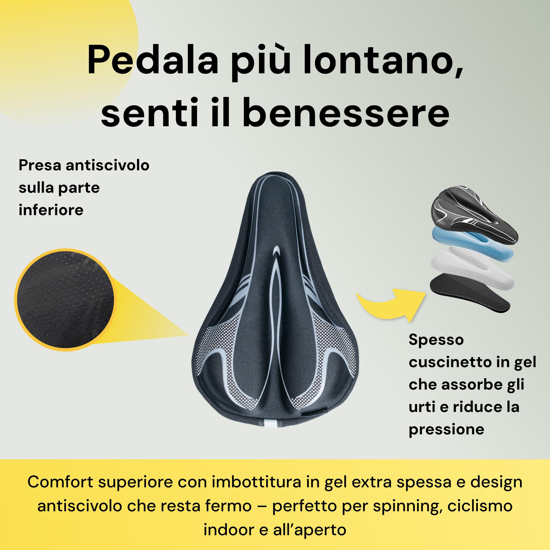 BraceUP Coprisella in Gel per Bicicletta per Donne e Uomini, Cuscino per Sella di Bicicletta Imbottito con Spugna di Silicone Extra Spessa, Design Antiscivolo, per Cyclette, Spin e Ciclismo Indoor
