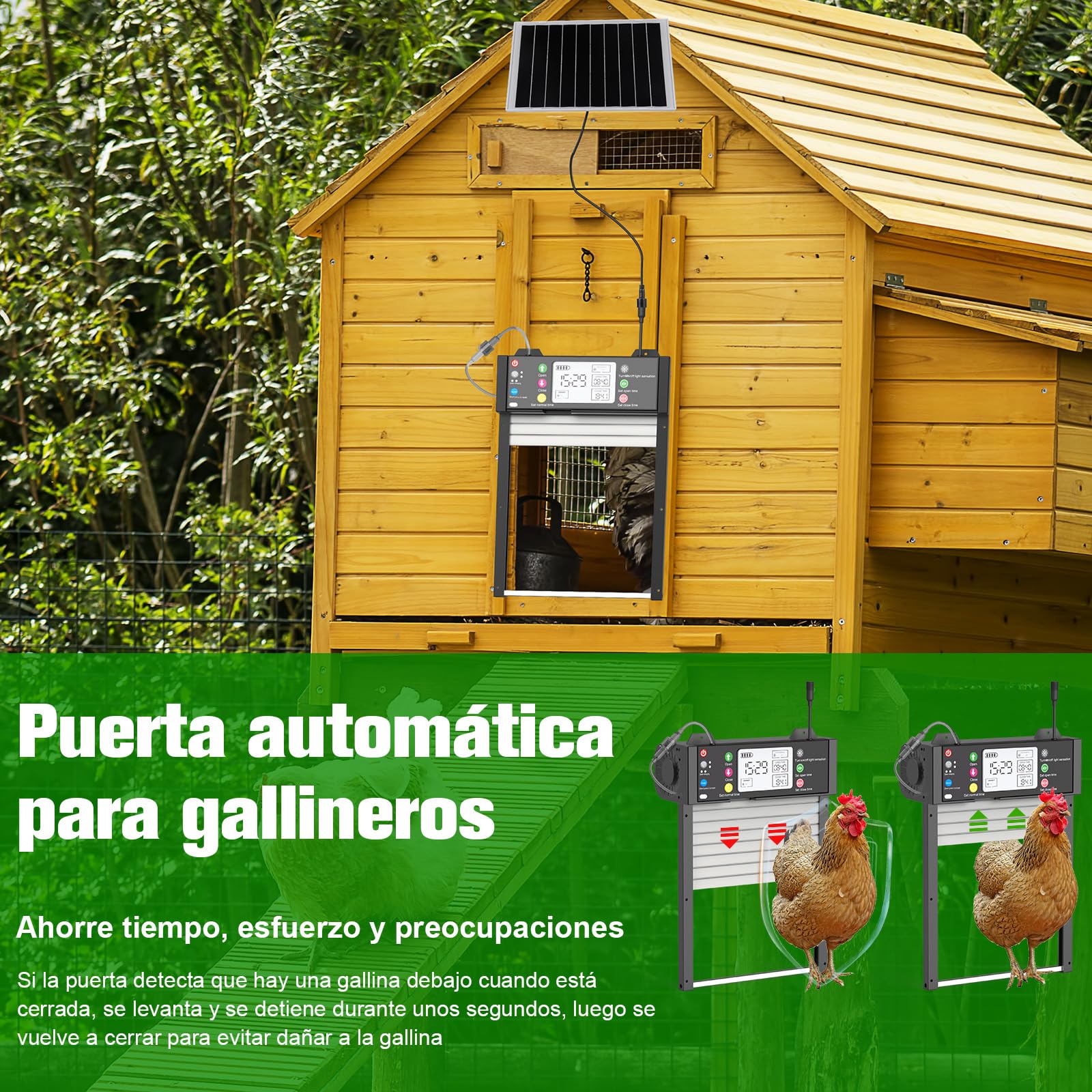 Puerta Automática para Gallinero Control de Aplicación, Pantalla LCD, Control mediante Aplicación, Control Remoto, Sensor de Luz, Temporizador y Manual, Carga Solar y USB, Antipinzamiento, Impermeable