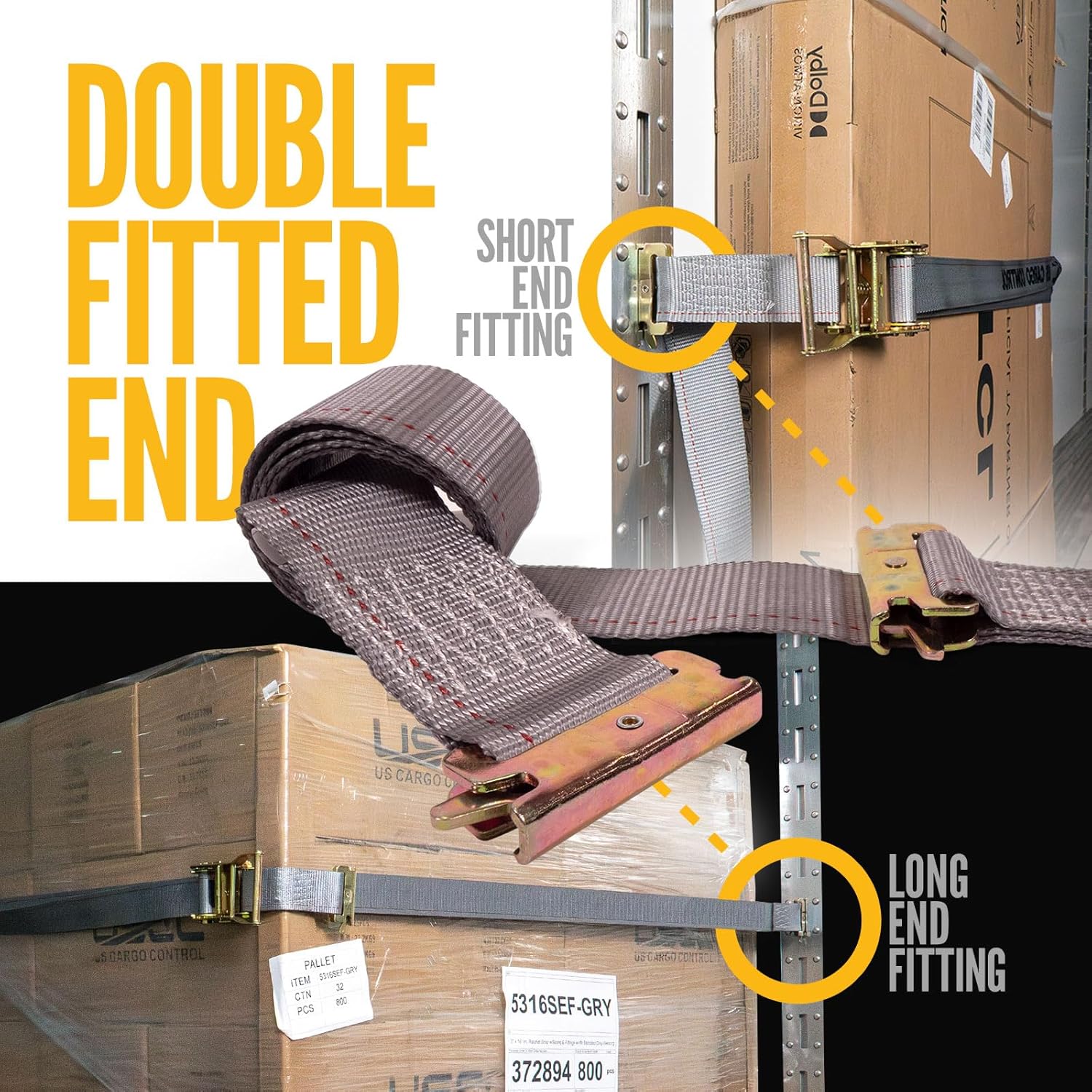 US Cargo Control Double-Fitted E-Track Ratchet Straps (4 Pack), 4,400 LBS Break Strength, 2 Inch x 16 Foot Heavy Duty E Track Straps with 3 Spring E-Fittings, Versatile 2-in-1 Logistic Tiedowns - Image 2